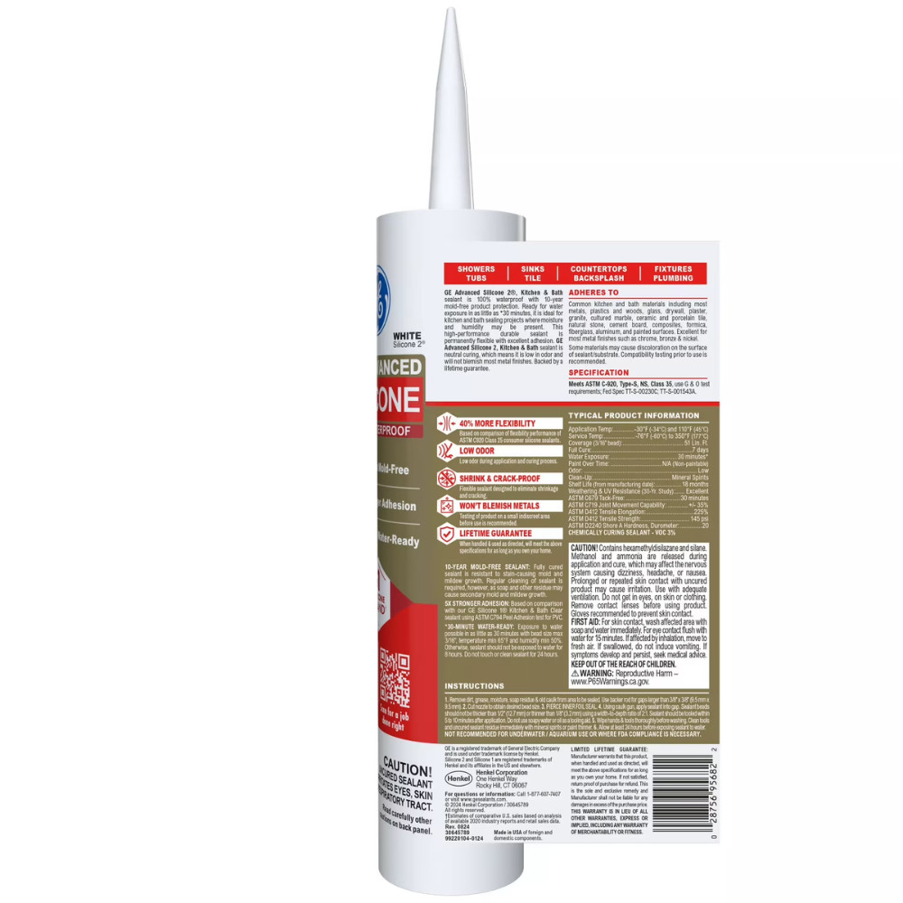 3 Pack GE Advanced Silicone Kitchen & Bath Sealant, White 10.1 fl oz Cartridge