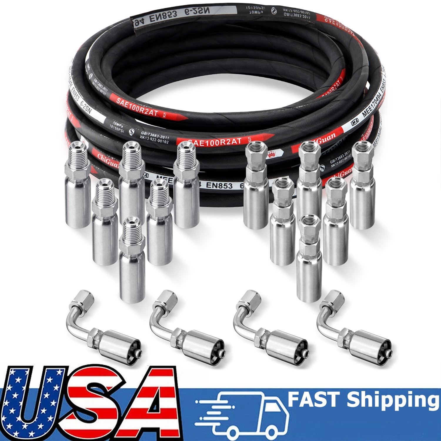 HYDRAULIC HOSE 1/4″ 33′ TWO WIRE HOSE FLEXIBLE 70MPa/ 10150 PSI WITH 16 FITTINGS