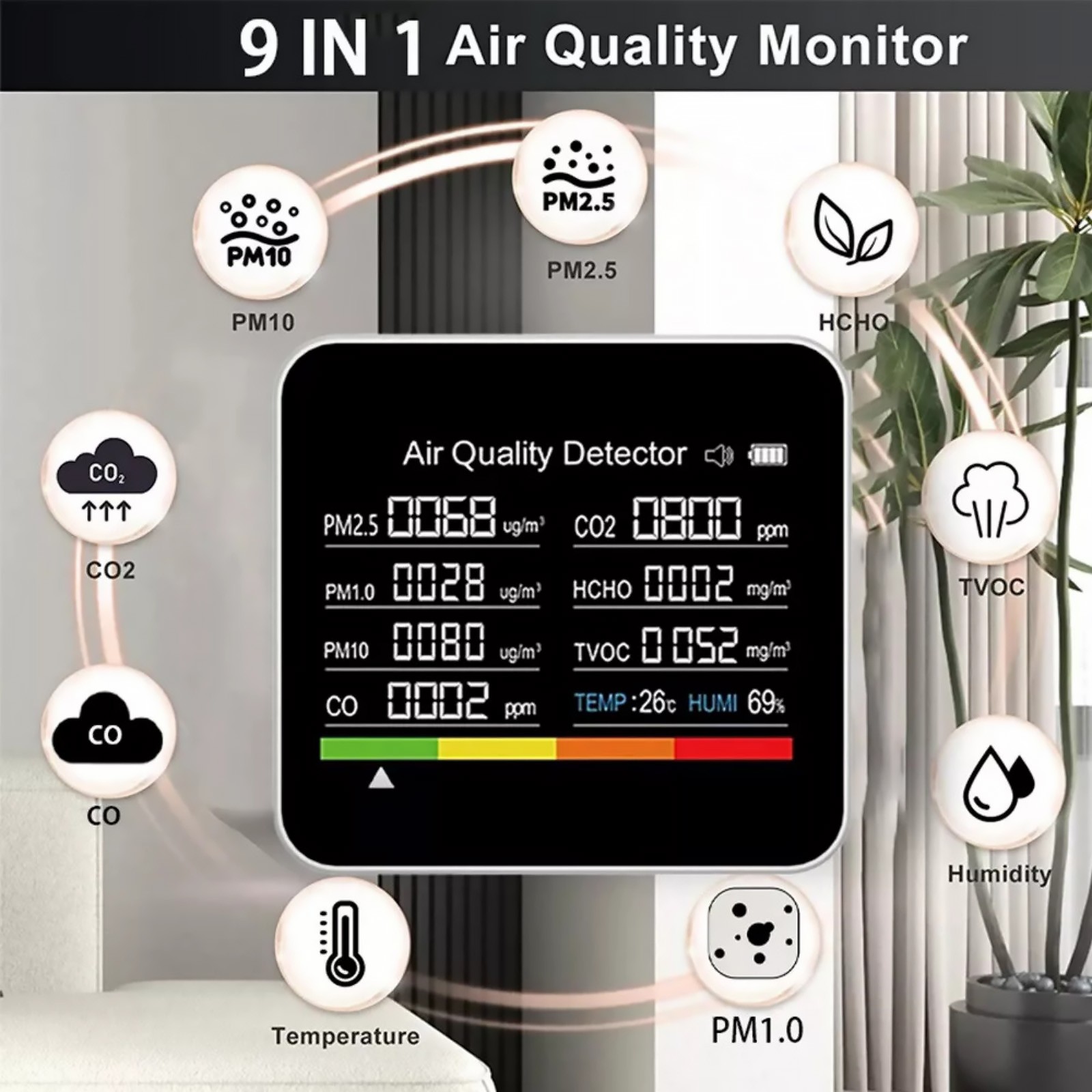 9-in-1 Air Quality Monitor Indoor Carbon Monoxide Detector PM2.5/1.0/10 HCHO
