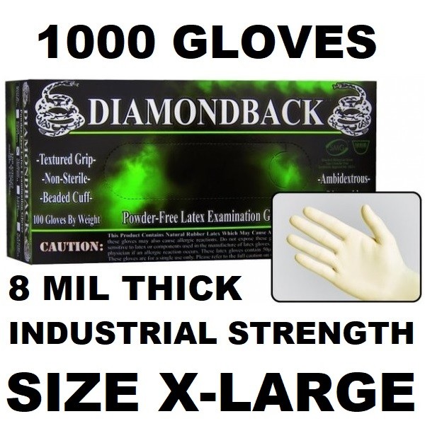 DIAMOND BACK Latex Exam Gloves, Textured Grip, 8 mil, Case of 1000, Size X-LARGE