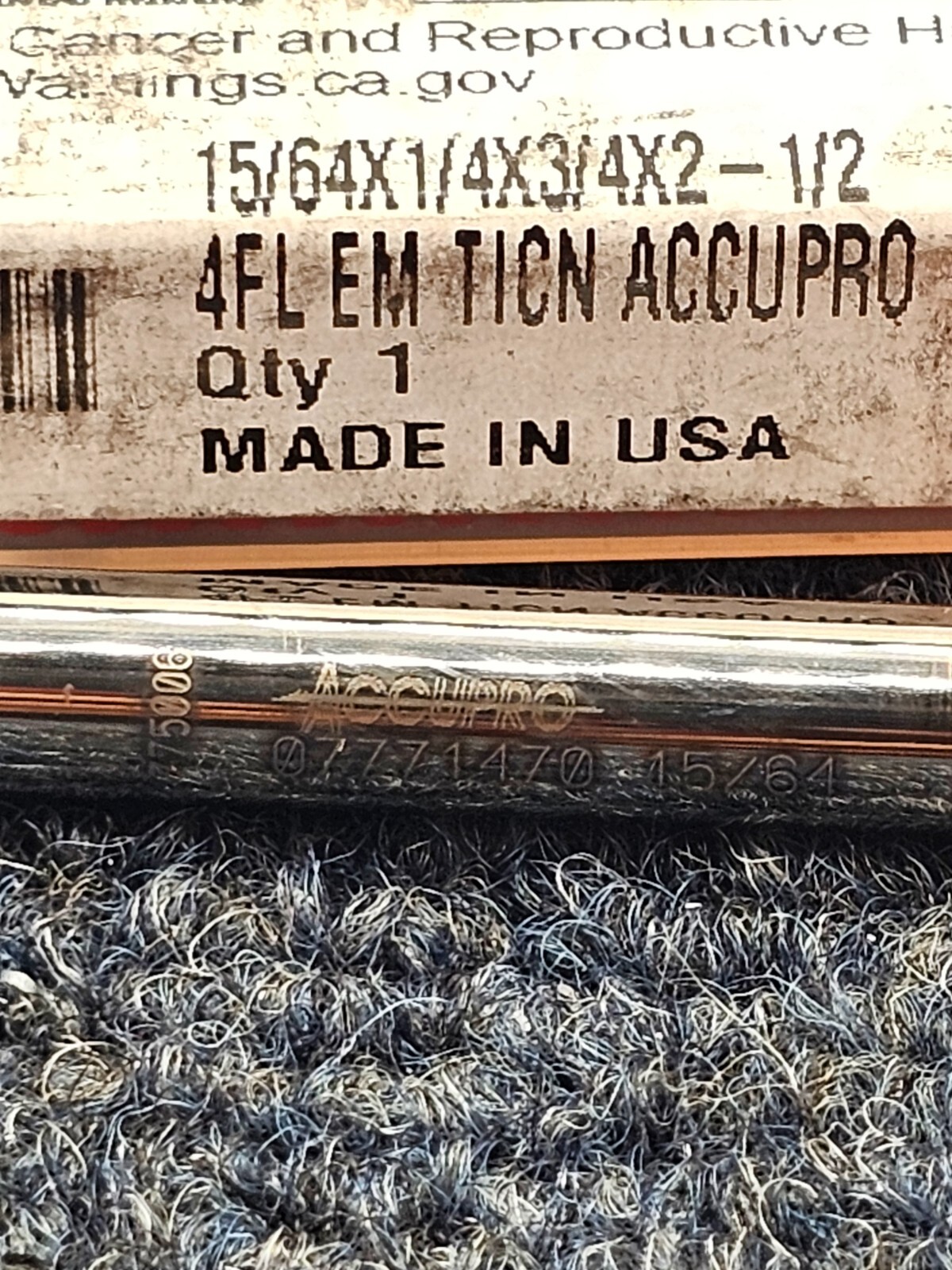 Accupro 07771470 Square End Mill: 15/64″ Dia, 3/4″ LOC, 4 Flute, Solid Carbide