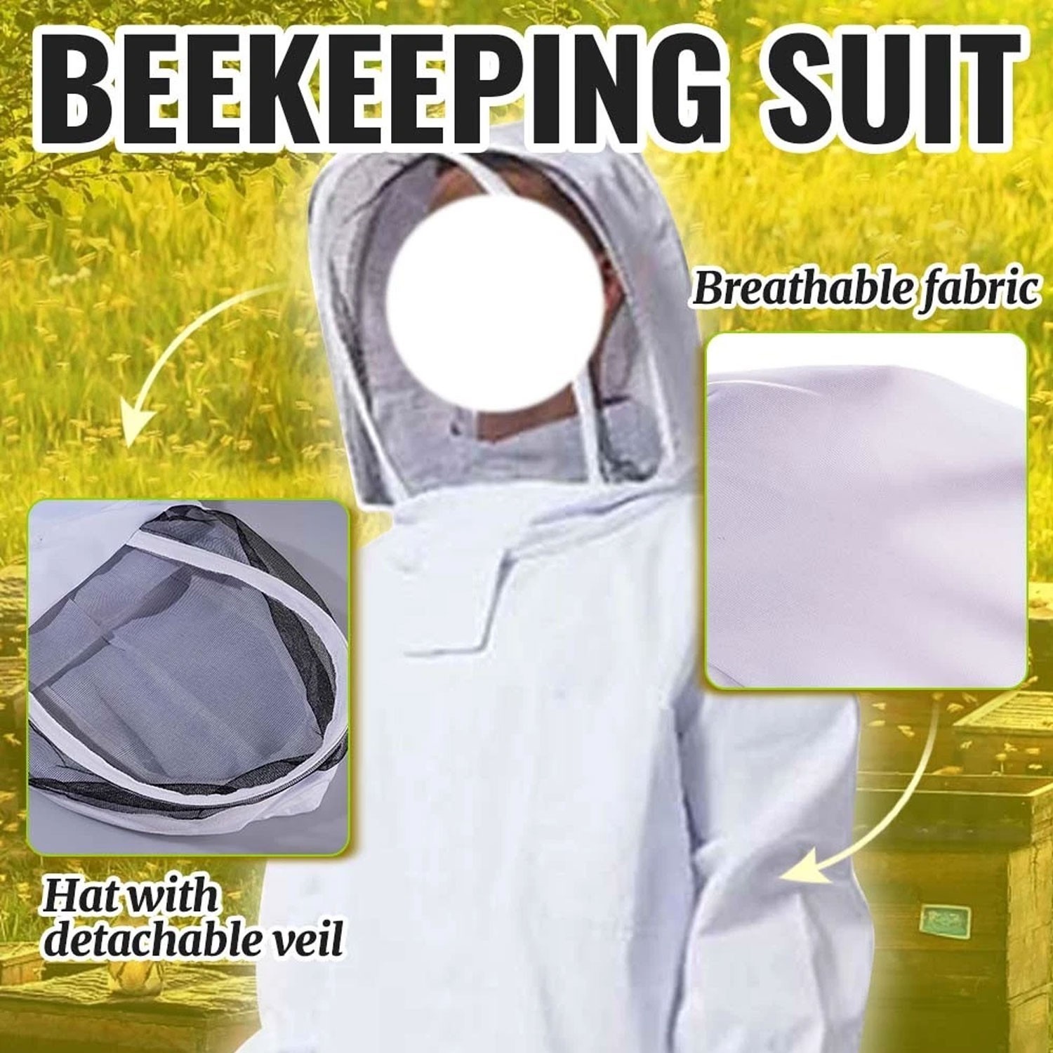 Bee Suit XXL with Veil Hood Full Body Protective Beekeeping Suits White