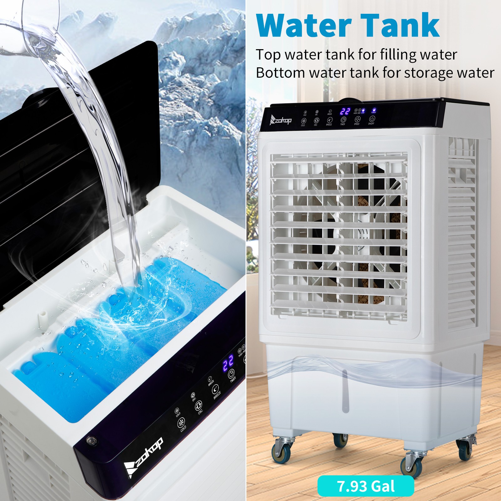 Portable Air Conditioner Fan Evaporative Cooler 2400CFM Swamp Cooler Remote 30L