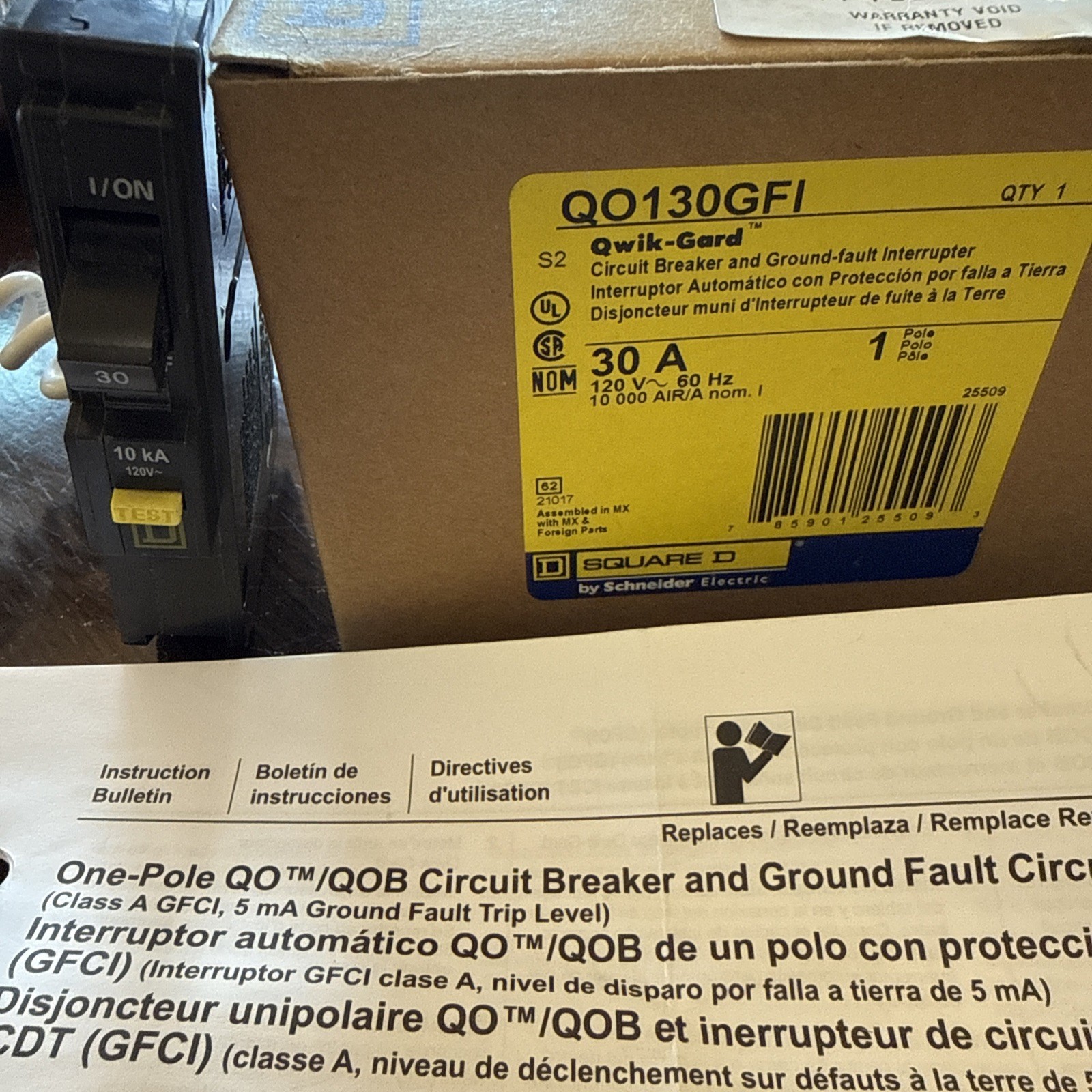 Square D QOB130EPD Ground Fault Equipment Protection Device 1 Pole, 30 Amp, 10kA