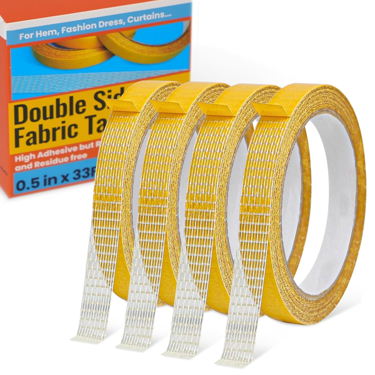 Double Sided Fabric Tape Heavy Duty for Hem, 0.5 in x 33FT/10m x 4Rolls