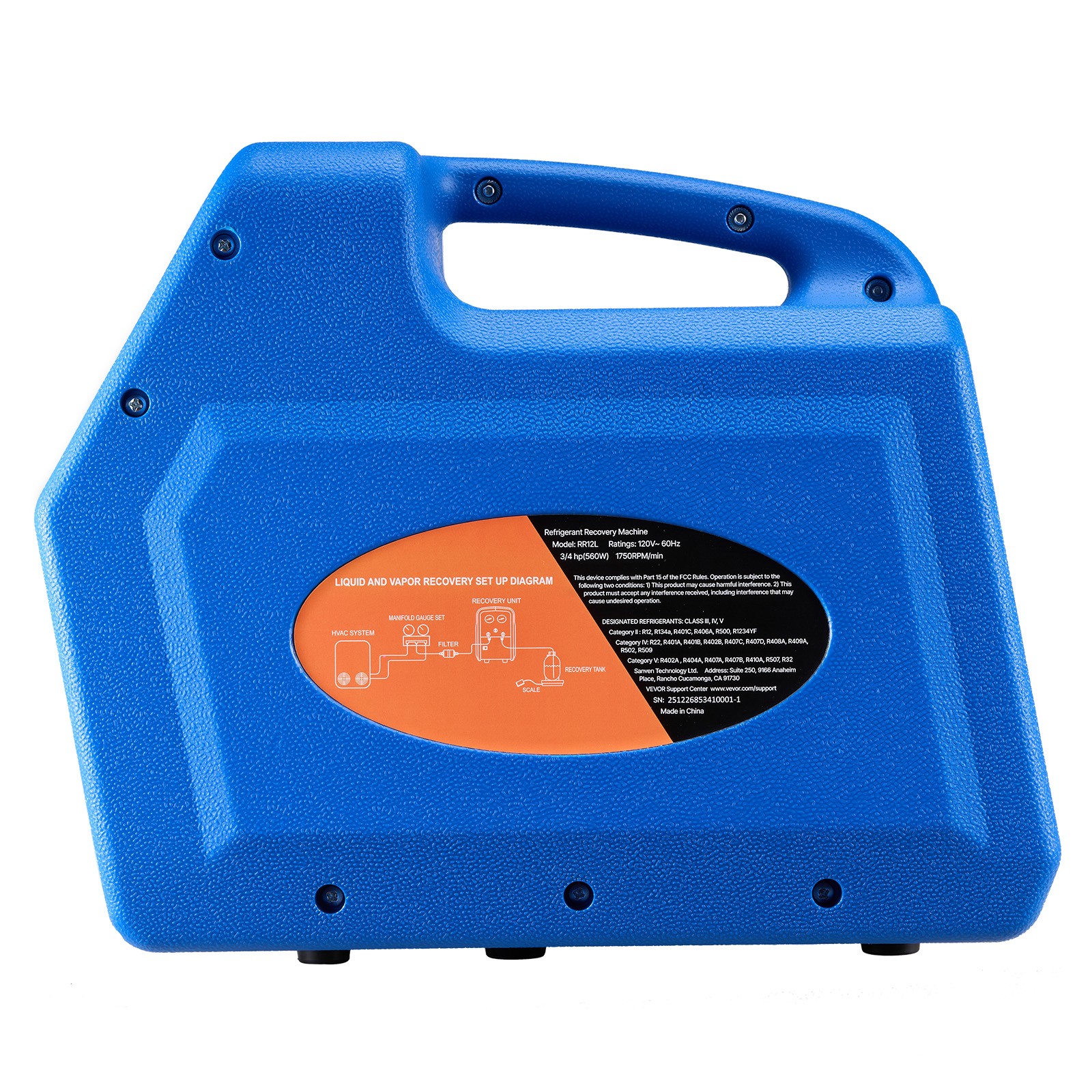 VEVOR Portable Refrigerant Recovery Machine 3/4 HP Single Cylinder Vapor Liquid