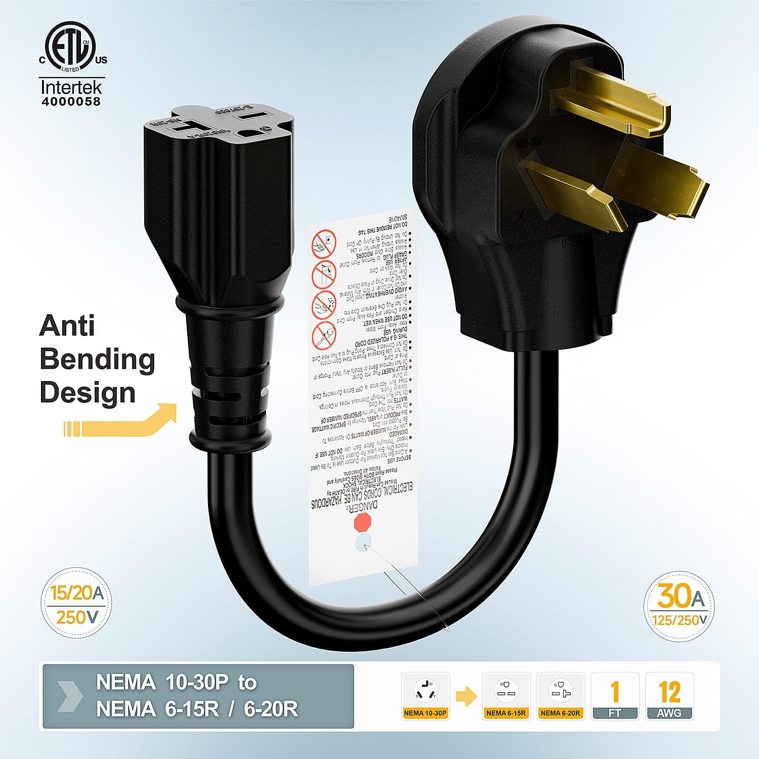Nema 10-30P to 6-20R Dryer Plug Adapter 30A 125/250V to 20A 250V 12AWG 1FT