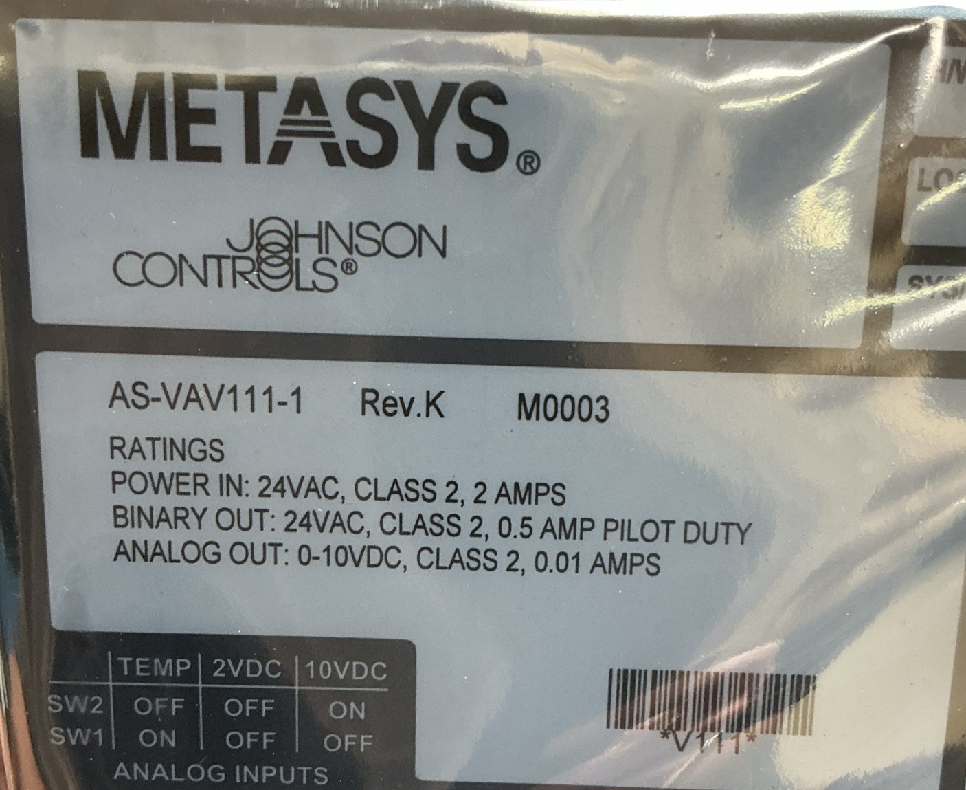 Johnson Controls AS-VAV111-1 Variable Air Volume Controller