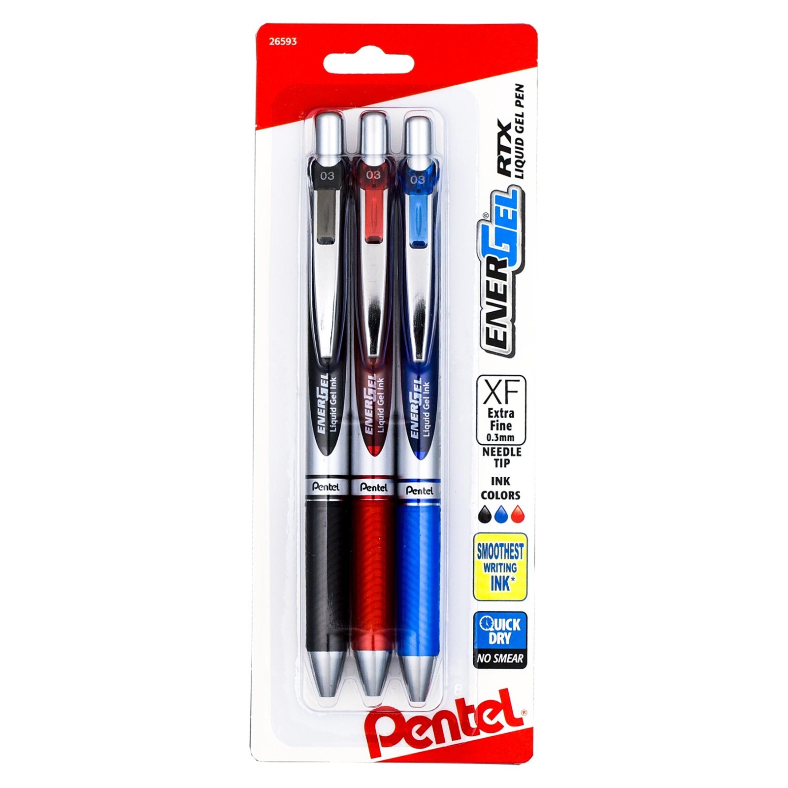 Pentel Energel RTX BLN73BP3M 0.3mm Needle Tip Pens, Black, Blue, Red Ink, 3 Pens