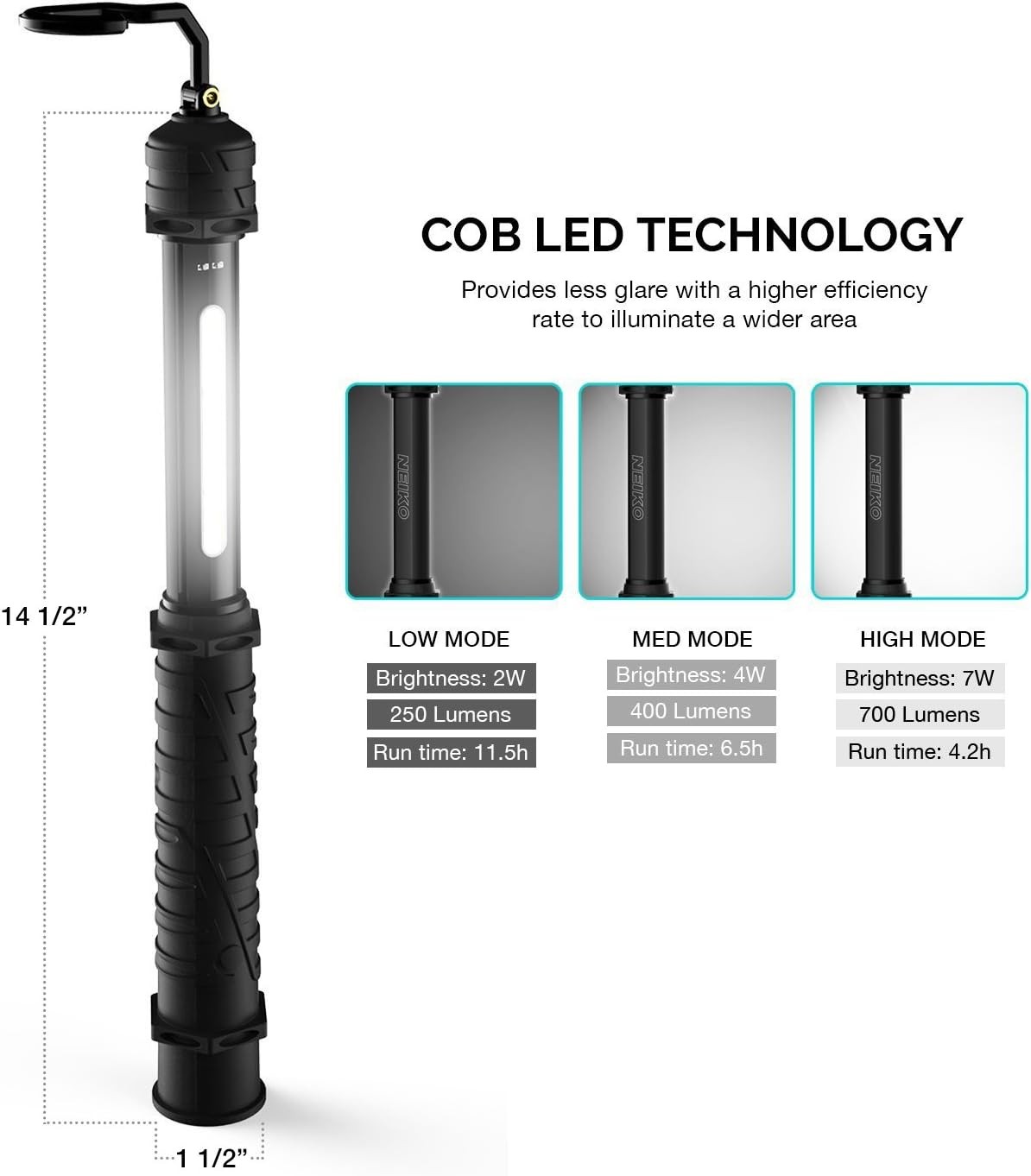 NEIKO 40339A Cordless COB LED Work Light 1000 Lumens Rechargeable Black