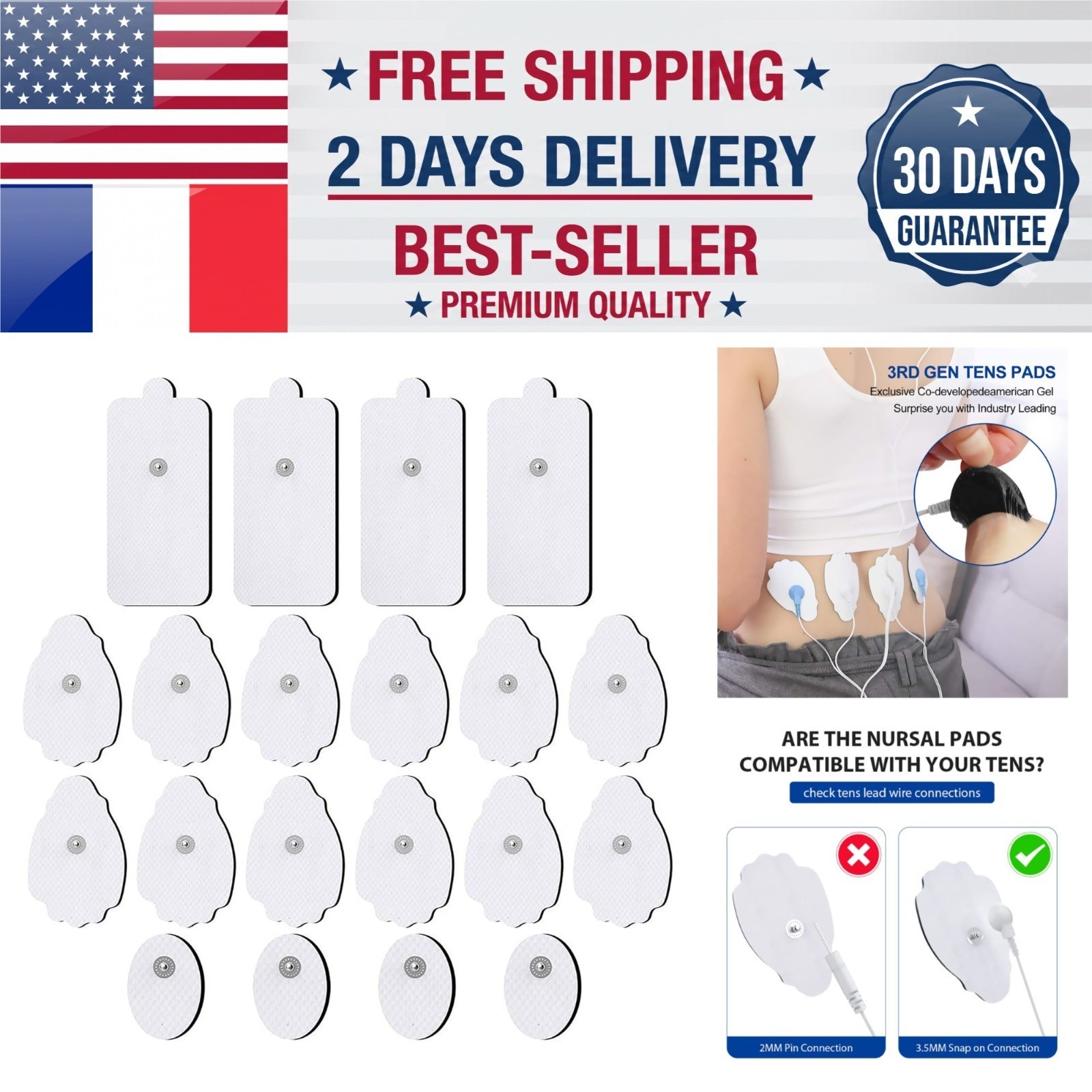 NURSAL TENS/EMS Unit Replacement Pads 20 Pack 3.5mm Snap Electrodes