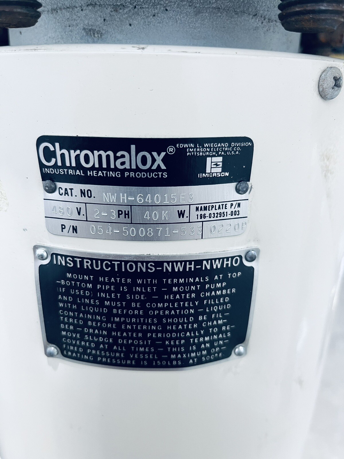 UNUSED CHROMALOX NWH-64015E3 CIRCULATION HEATER 480-V 2&3-PH 40KW NWH-SERIES