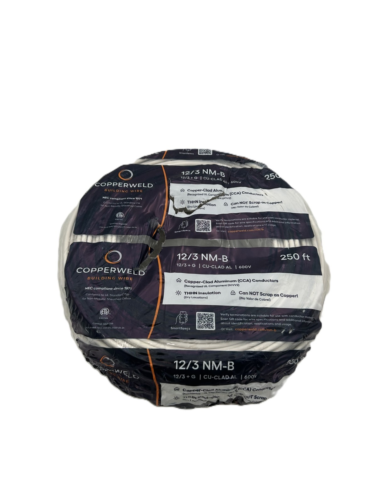 Copperweld 12/3 NM-B Solid Copper Clad Aluminum Wire 250ft 600V
