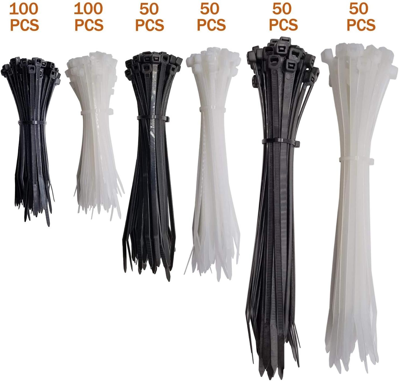 400 Pack Zip Tie Kit Assorted Sizes Black & White Wire Tie Set (4, 6, 8 Inch)