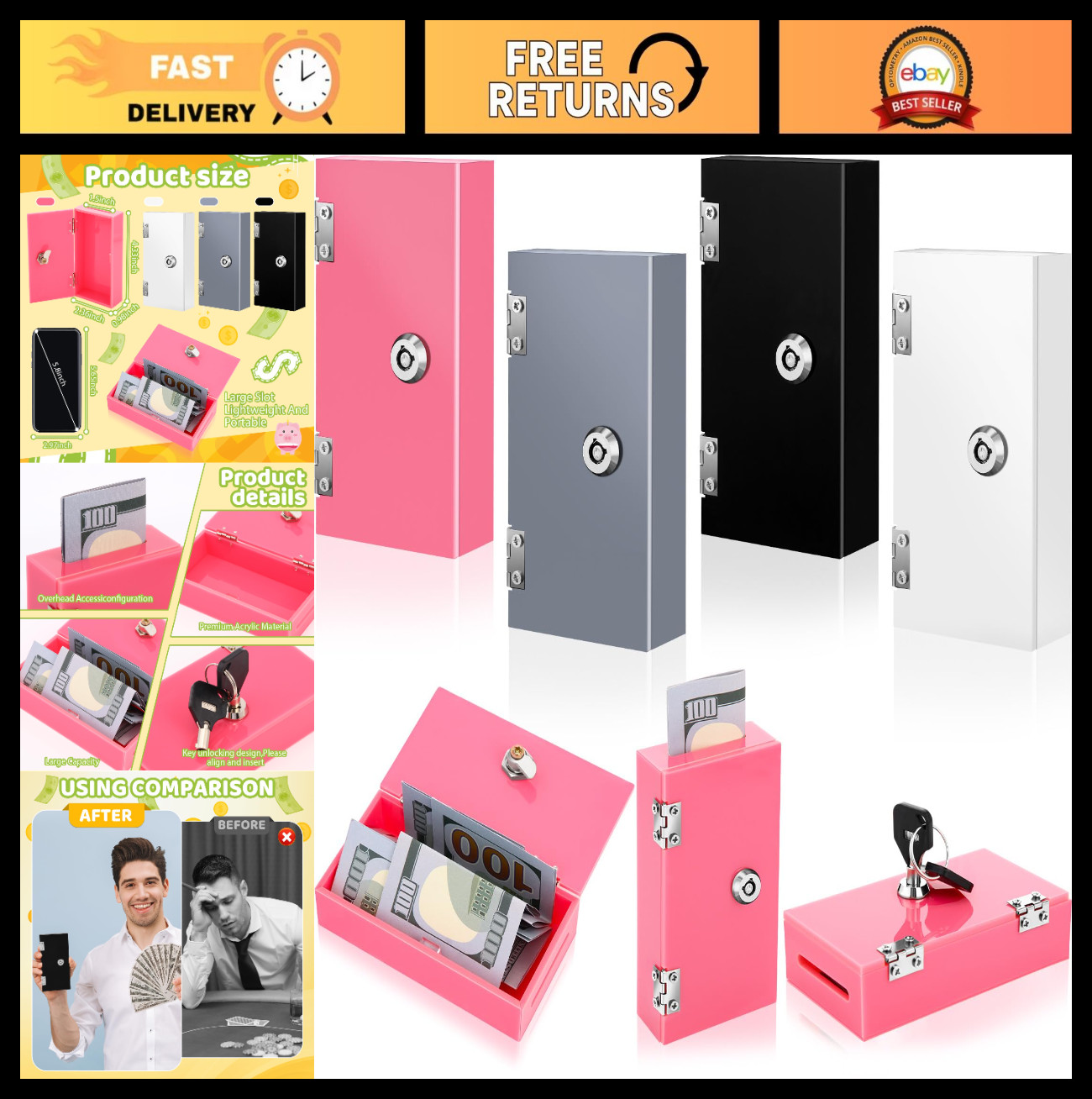 4 Pack Acrylic Cash Box Portable Safe for Gamblers – Pocket Sized Money Storage