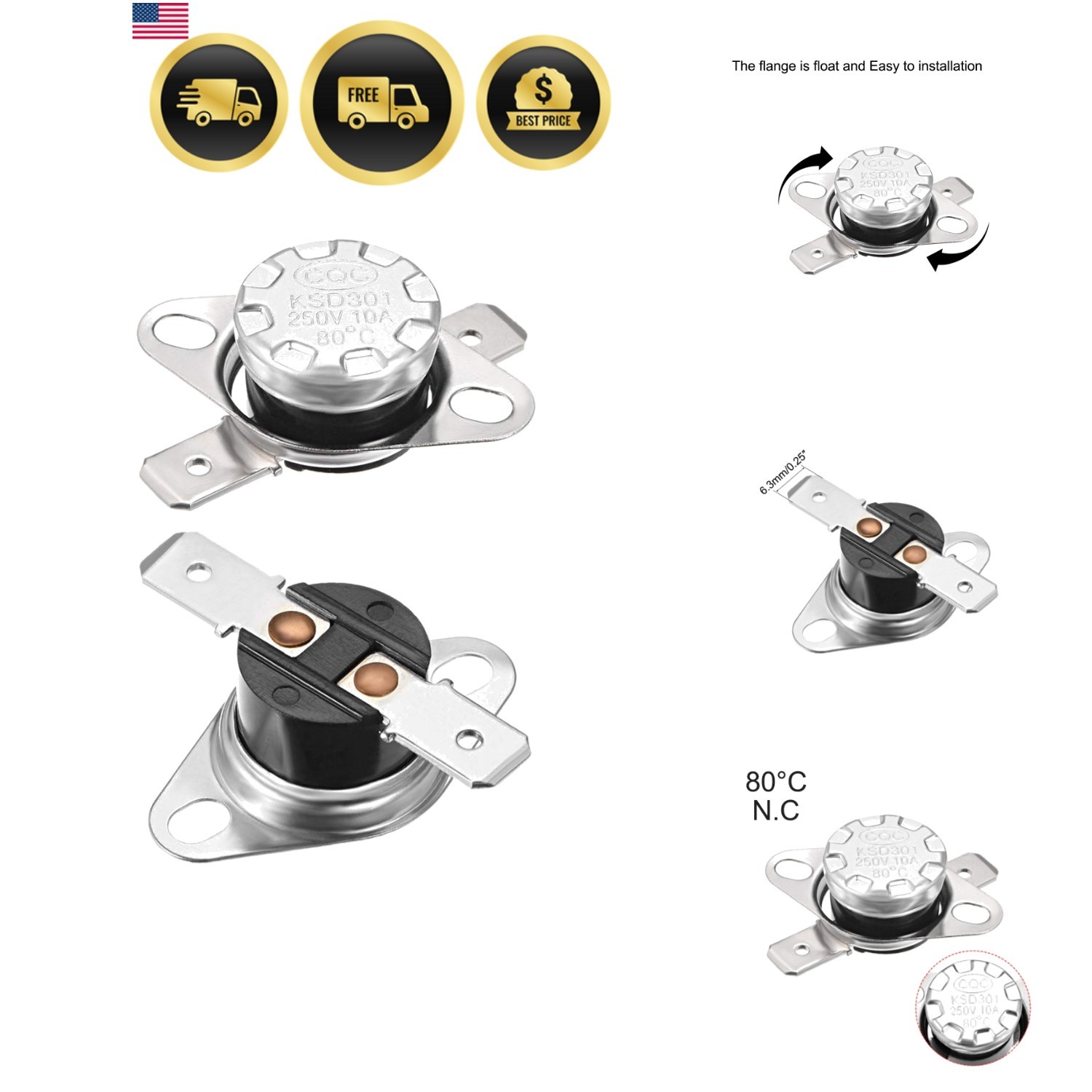 Thermostat 80°C/176°F 10A Normally Closed N.C Adjust Snap Disc Temperature Sw…