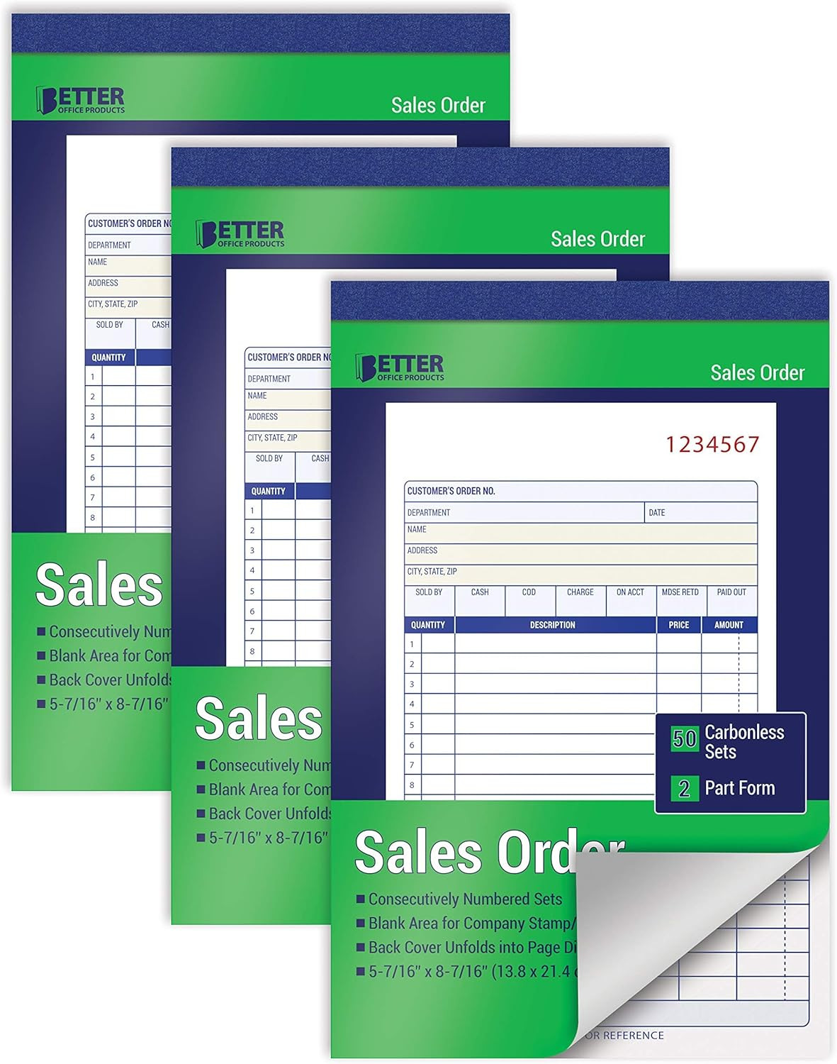 Better Office Products Large Sales Order Books, 3 Pack, 2-Part Carbonless (White