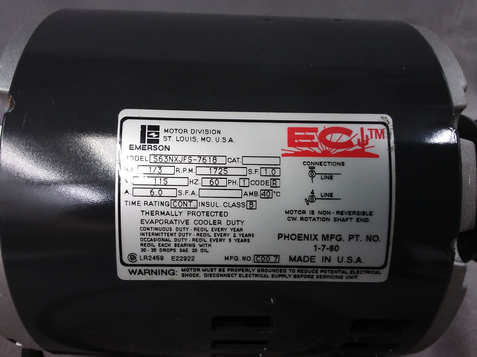 Emerson Electric Mk21 MK-21 Motor 1/3 HP 1725 RPM 115 V 1 Ph Evaporative Cooler