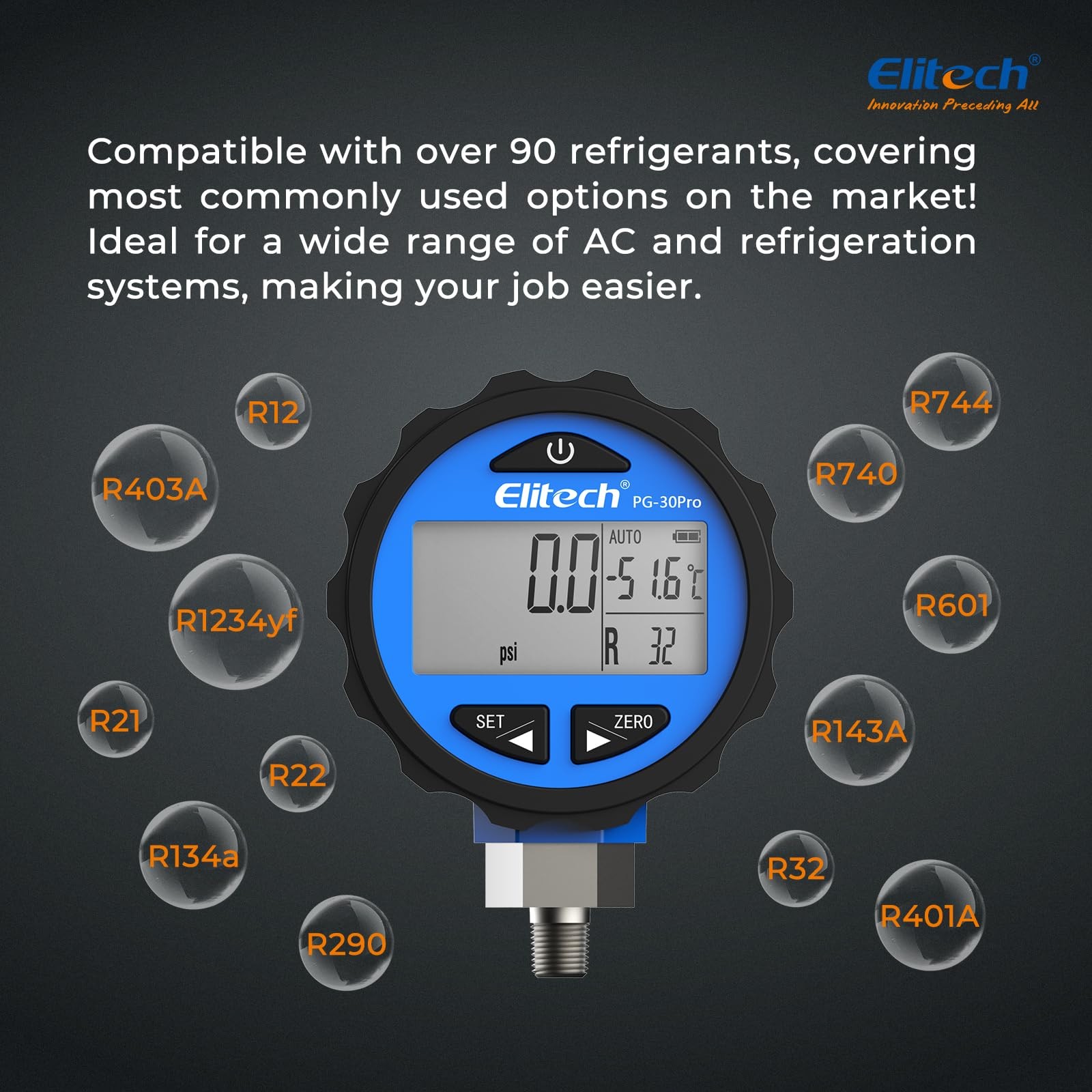 Elitech PG-30Pro Blue Refrigeration HVAC Digital Pressure Gauge