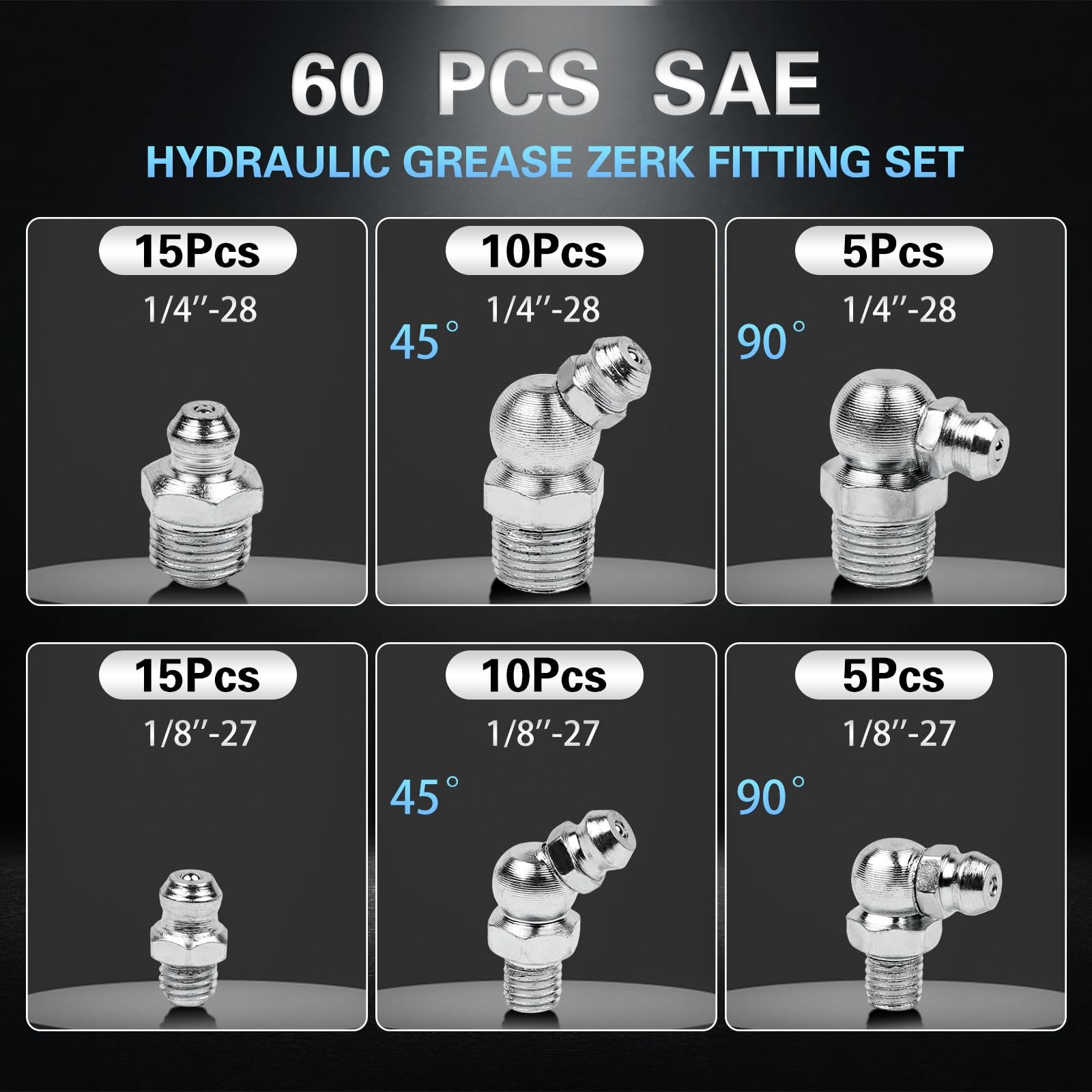 60Pcs Grease Fittings Kit, 1/4 & 1/8 Inch BSP Grease Zerk Fittings Assortment…