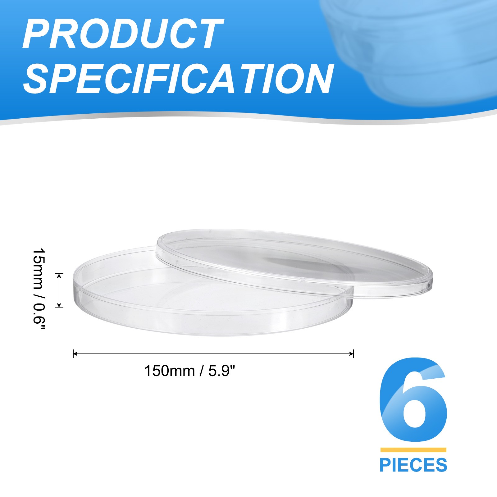 6 Pack 150mm/5.9 Inch Plastic Petri Dishes with Lids for Lab Clear