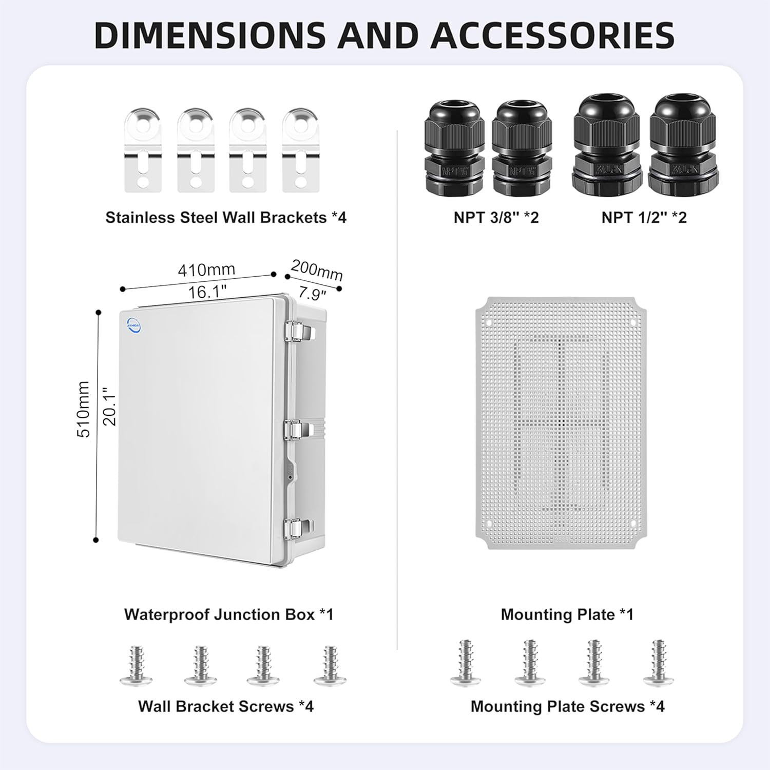 IP67 Waterproof Junction Box with Hinged Cover & Mounting Plate – 20.1″x16.1