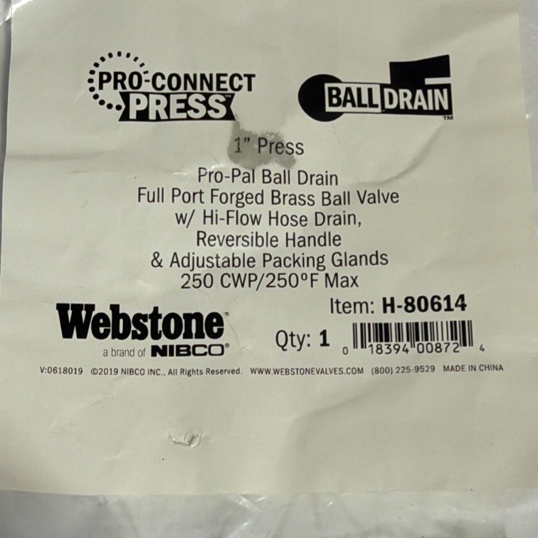 H80614W PRESS PRO- CONNECT BRASS VALVE 250 CWP/ 250°F MAX WEBSTONE NIBCO