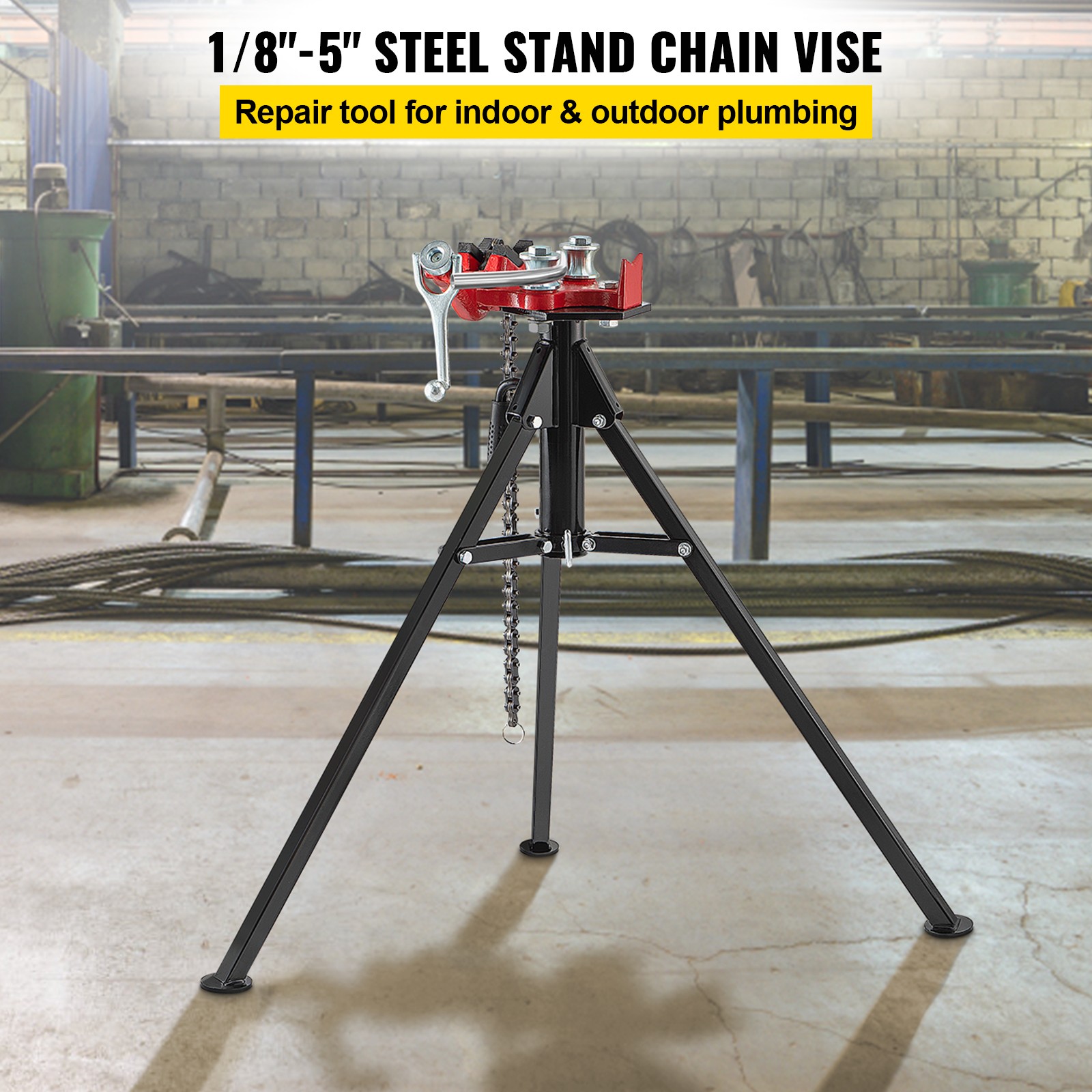 VEVOR Tripod Pipe Chain Vise 1/8″-5″ Capacity Folding Legs W/ Harden Teeth&Chain