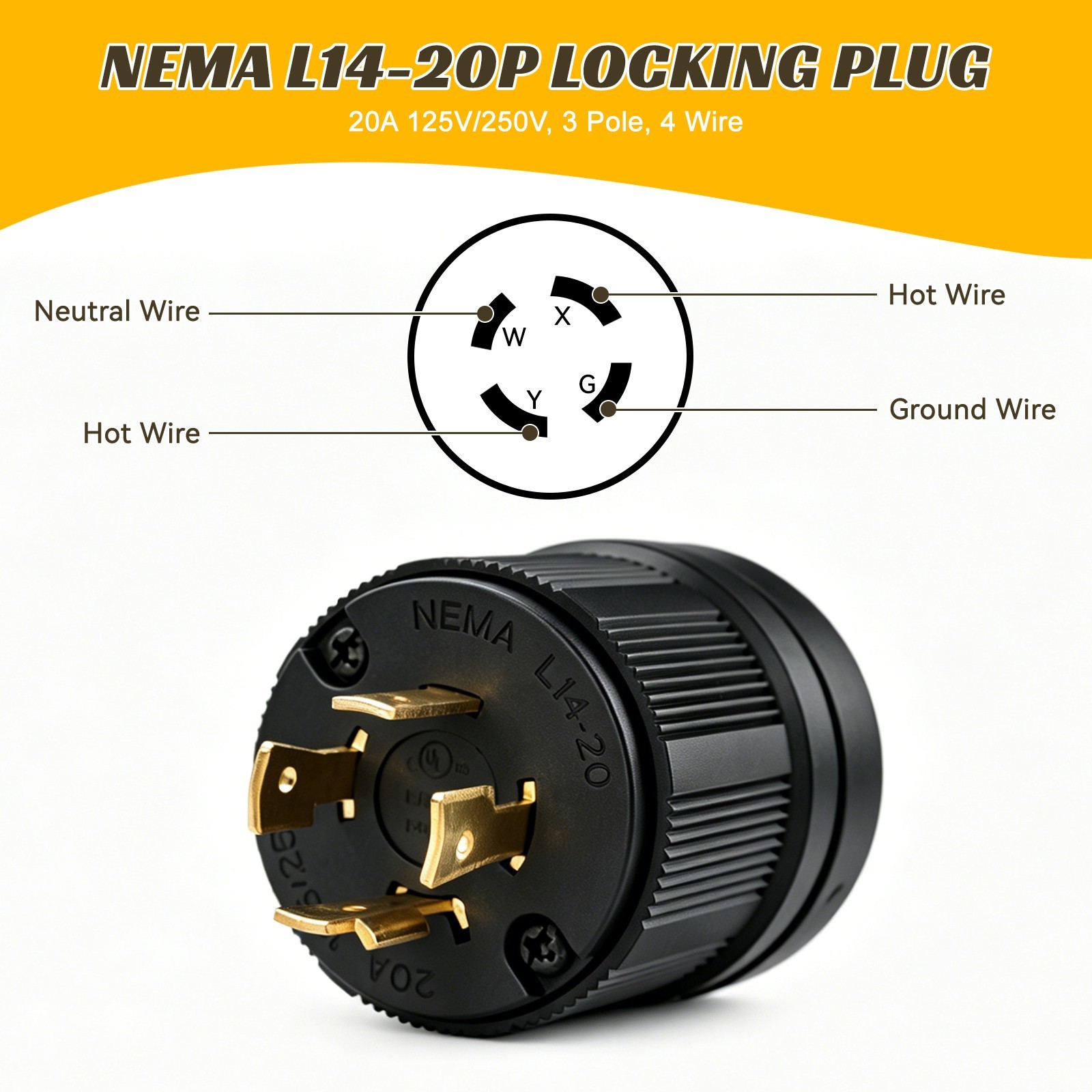 L14-20P Locking Plug 20A 125/250V Heavy Duty Nylon Generator Connector