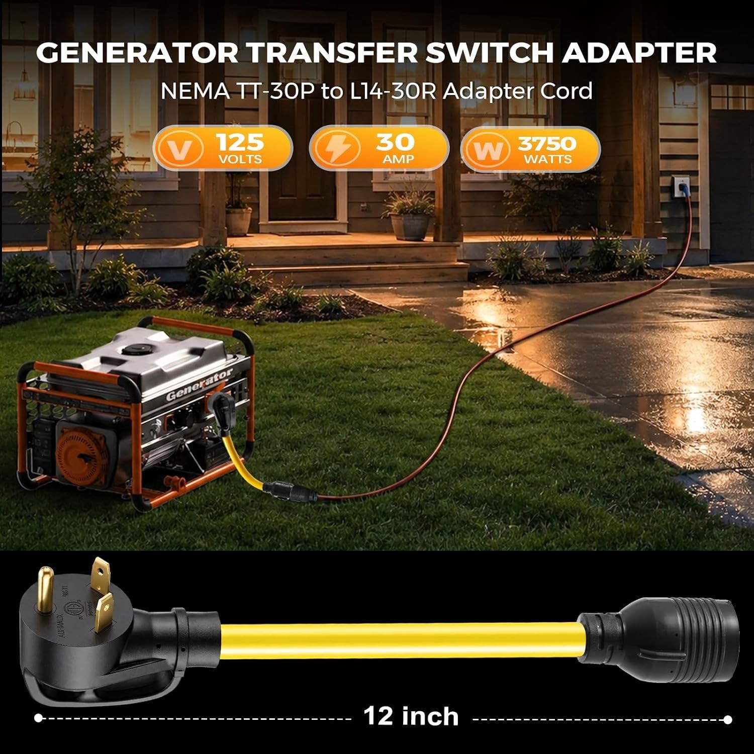 NEMA TT-30P to L14-30R Generator Adapter Cord, 30 Amp 3 Prong to 4 Prong Generat