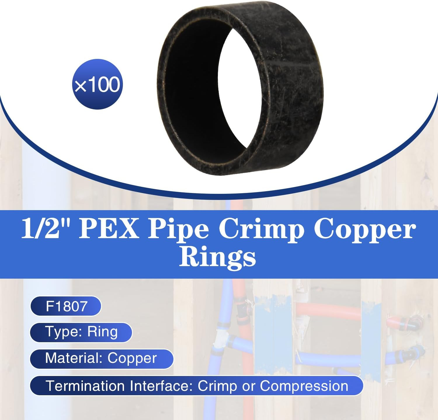 100 Pack 1/2″ PEX Copper Crimp Rings, for Pex Pipe Connection (1/2″, 100 Pack)