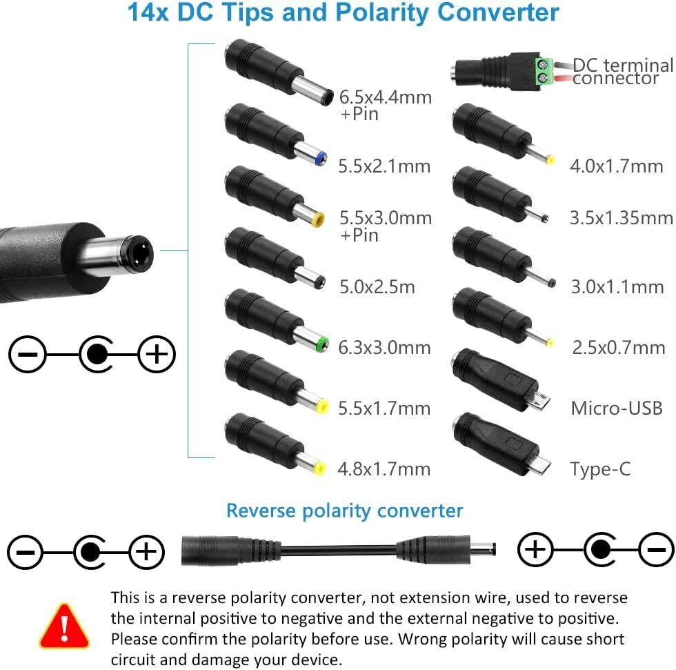 120W Adjustable Voltage Power Supply Adapter Transformer with 15 Plugs 9V-24V 5A