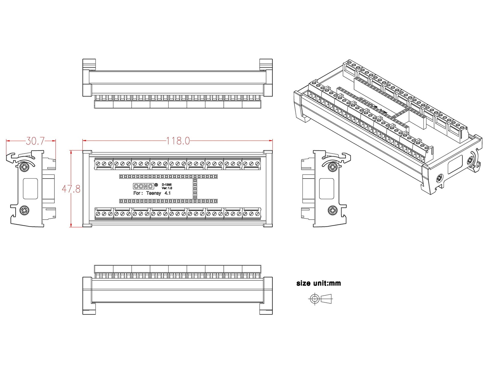 Terminal Block Breakout Board Module For Teensy 4.1, Din Rail Mount Ve