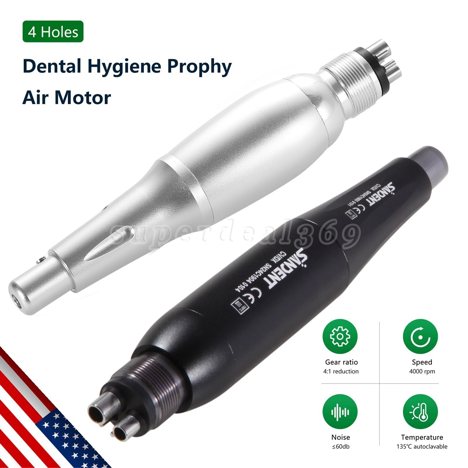360°Swivel Dental Hygiene Prophy Handpiece Air Motor 2/4Hole 4:1 Nose Cone Color