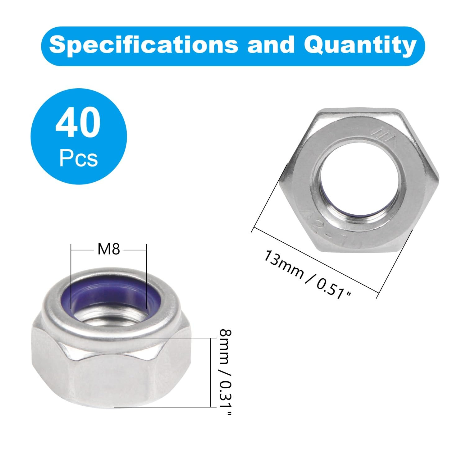 40PCS M8 Locknuts M8x1.25mm Nylon Insert Hex Lock Nuts 304 Stainless Steel Metri