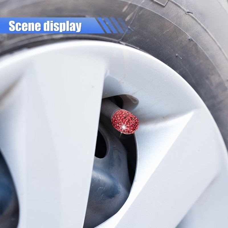 4PCS Crystal Rhinestone Tire Valve Caps, Handmade Dustproof Stem Co Color: Red
