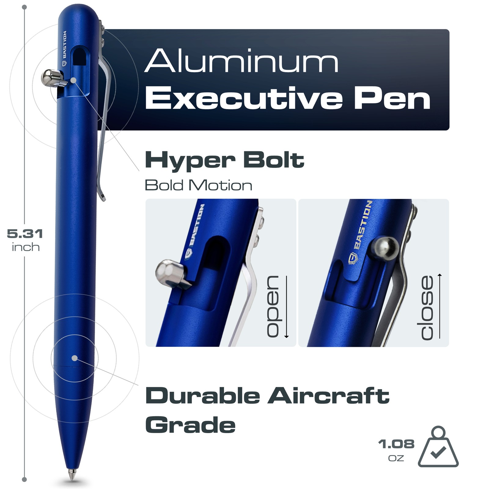 BASTION Bolt Action Pen | Aluminum Blue | Durable Professional Ballpoint Pen