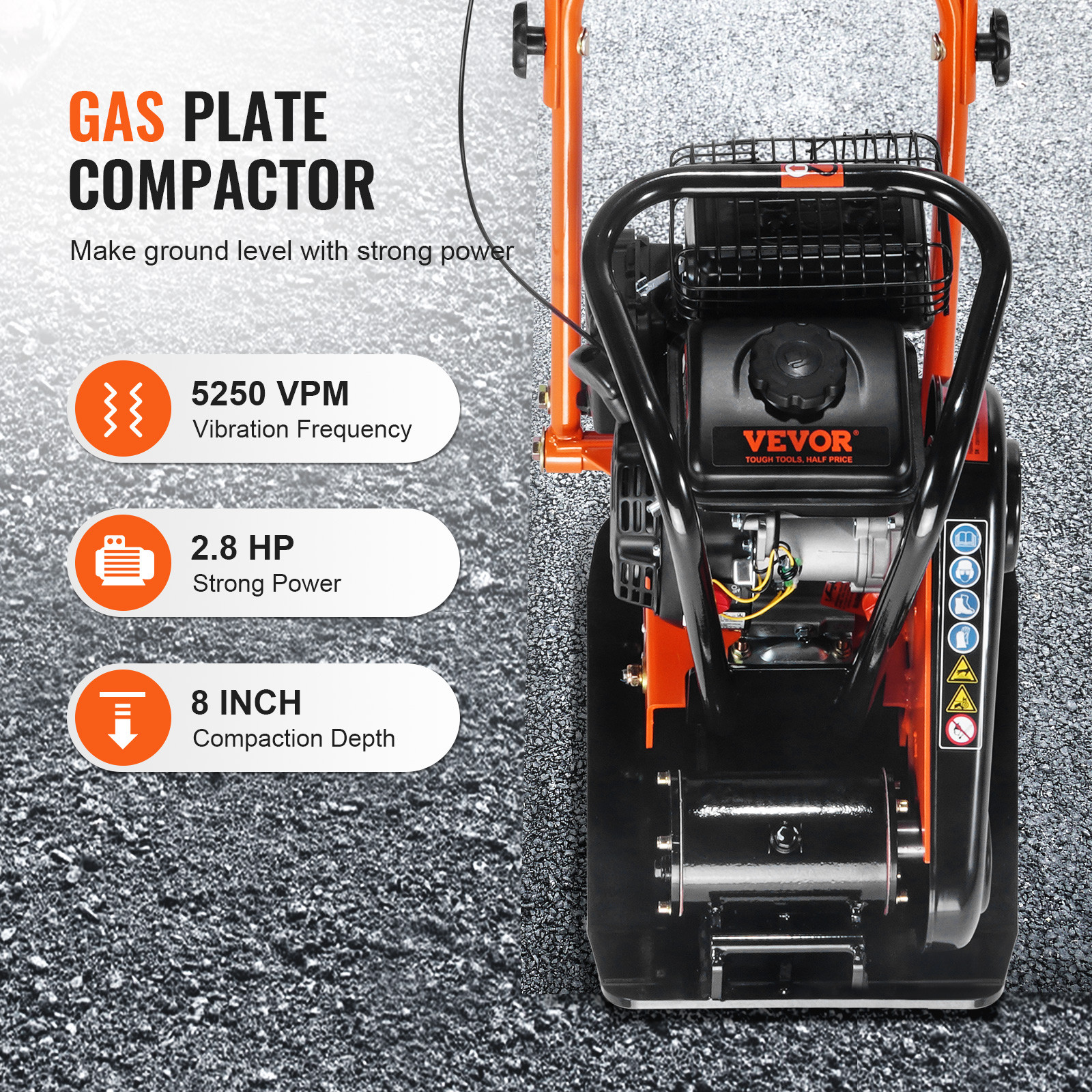 VEVOR Plate Compactor 2.8HP Plate Tamper Walk-Behind Rammer 1920lbs Compaction