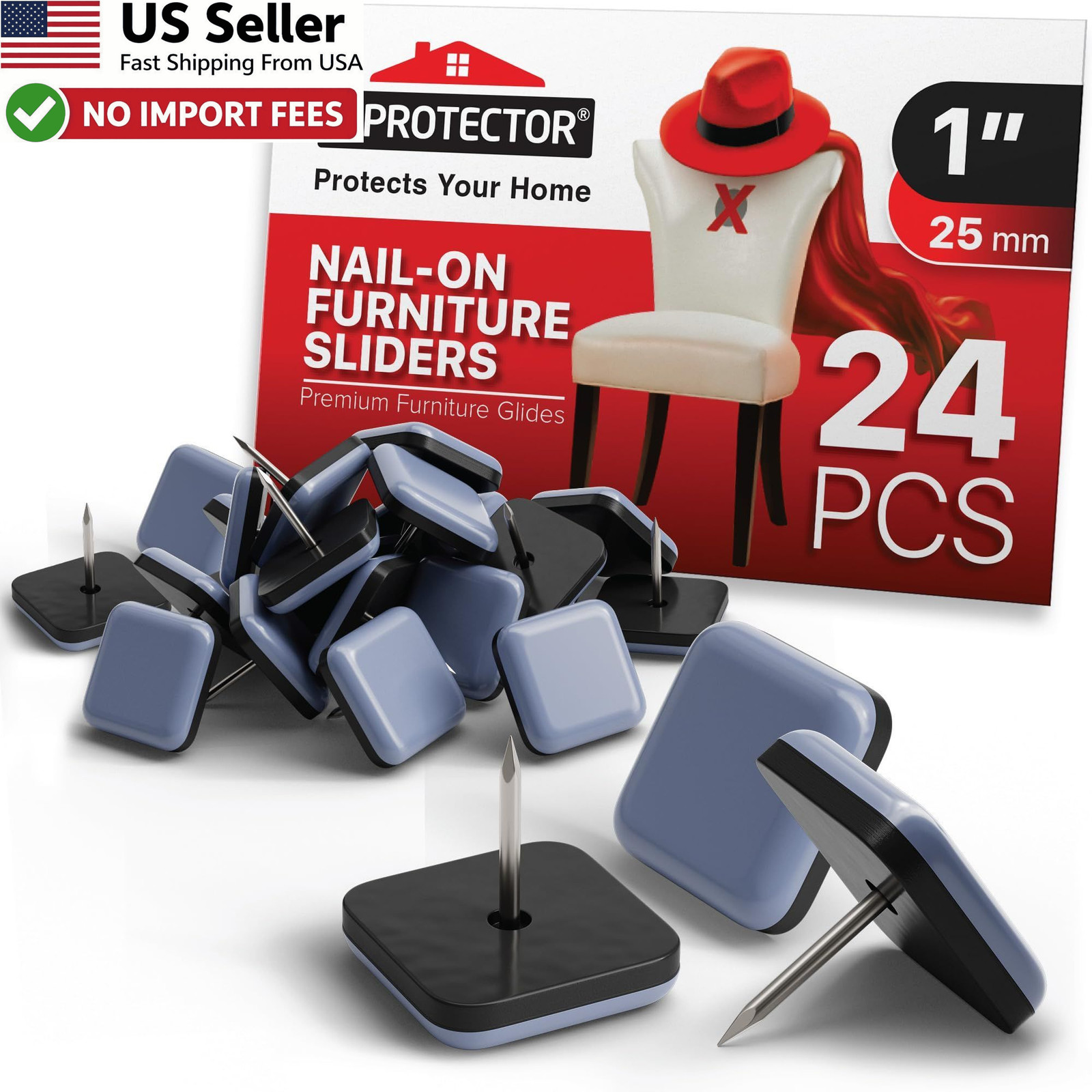 24 Pcs 1″ X-PROTECTOR Nail-On Chair Leg Glides Furniture Sliders Grey Floor Pads