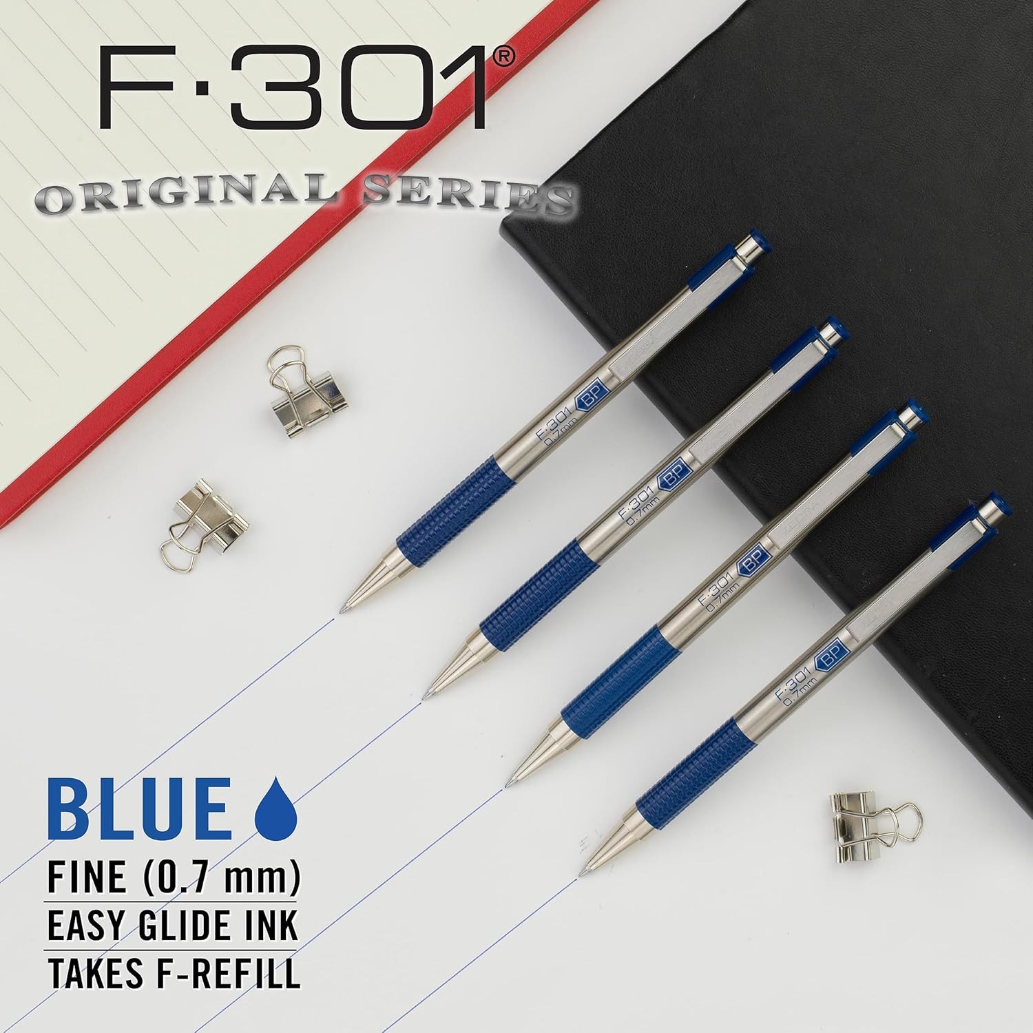 F-301 Ballpoint Blue Ink Fine Point 0.7mm Pen, Easy-Glide Ink, Stainless Steel