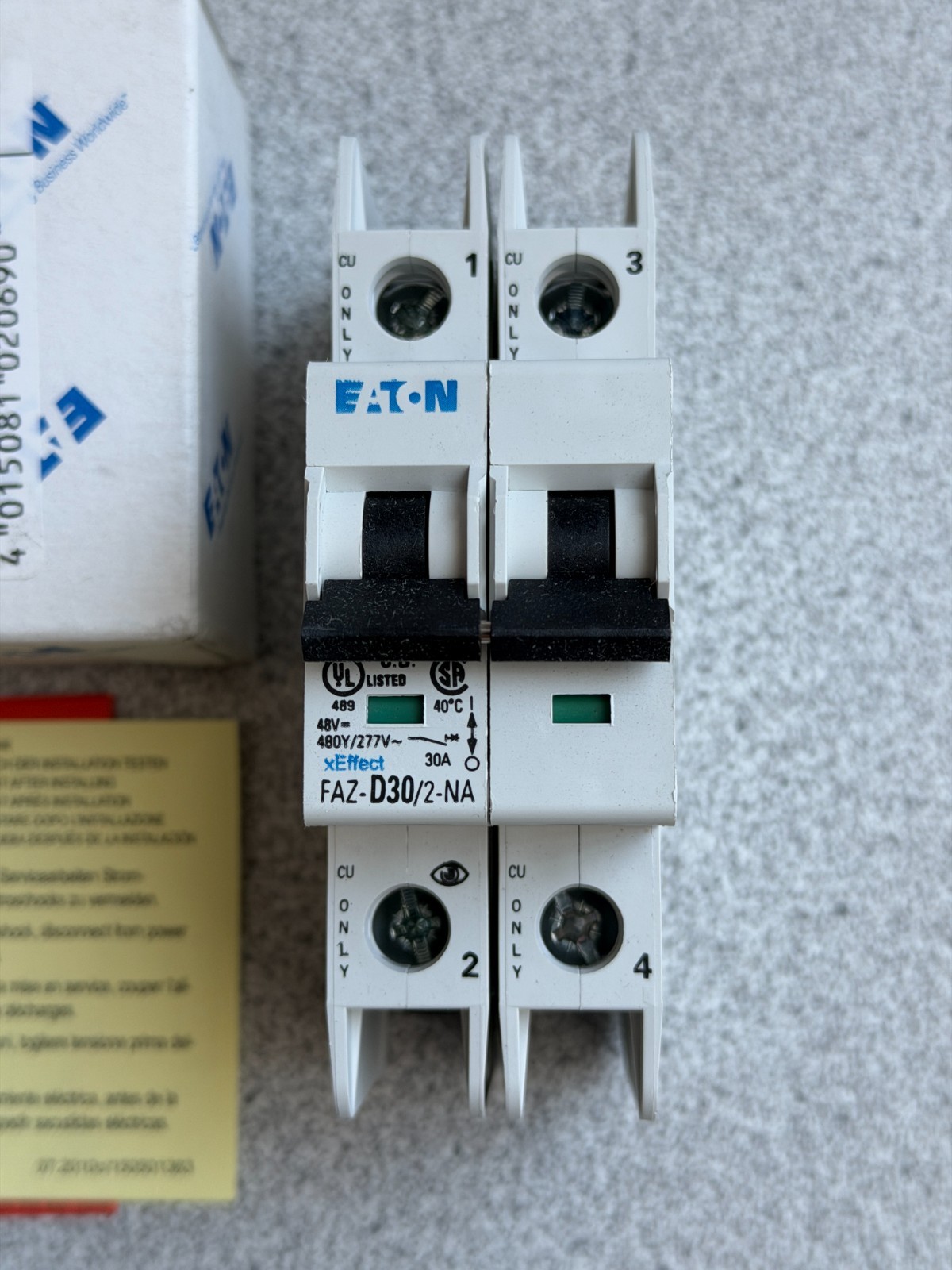 NEW Eaton FAZ-D30/2-NA Circuit Breaker, 30A, 480Y/277VAC, D Curve, 102193