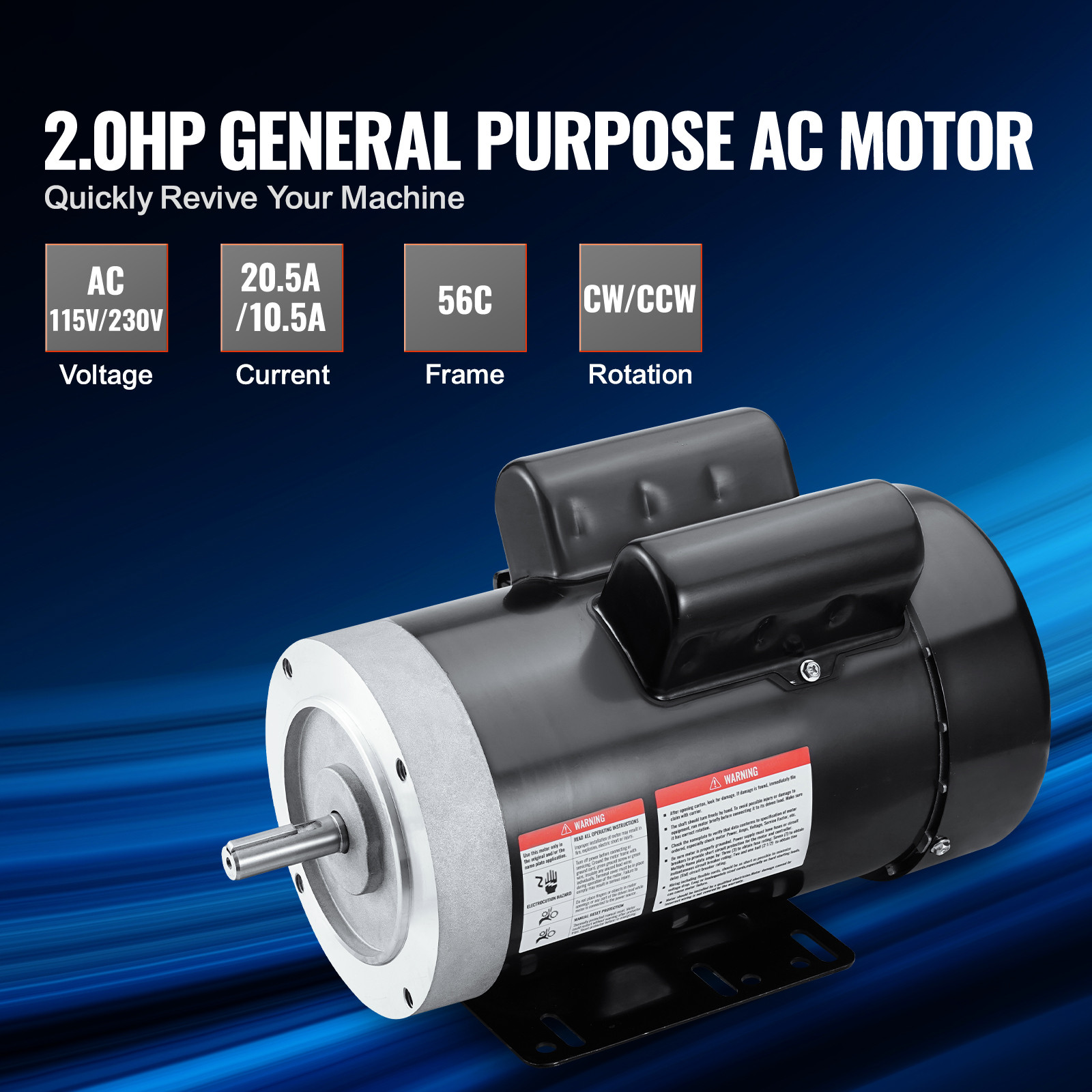VEVOR 2HP Electric Motor 1725RPM AC 115V/230V 56C Frame 1-Phase 5/8″ Keyed Shaft