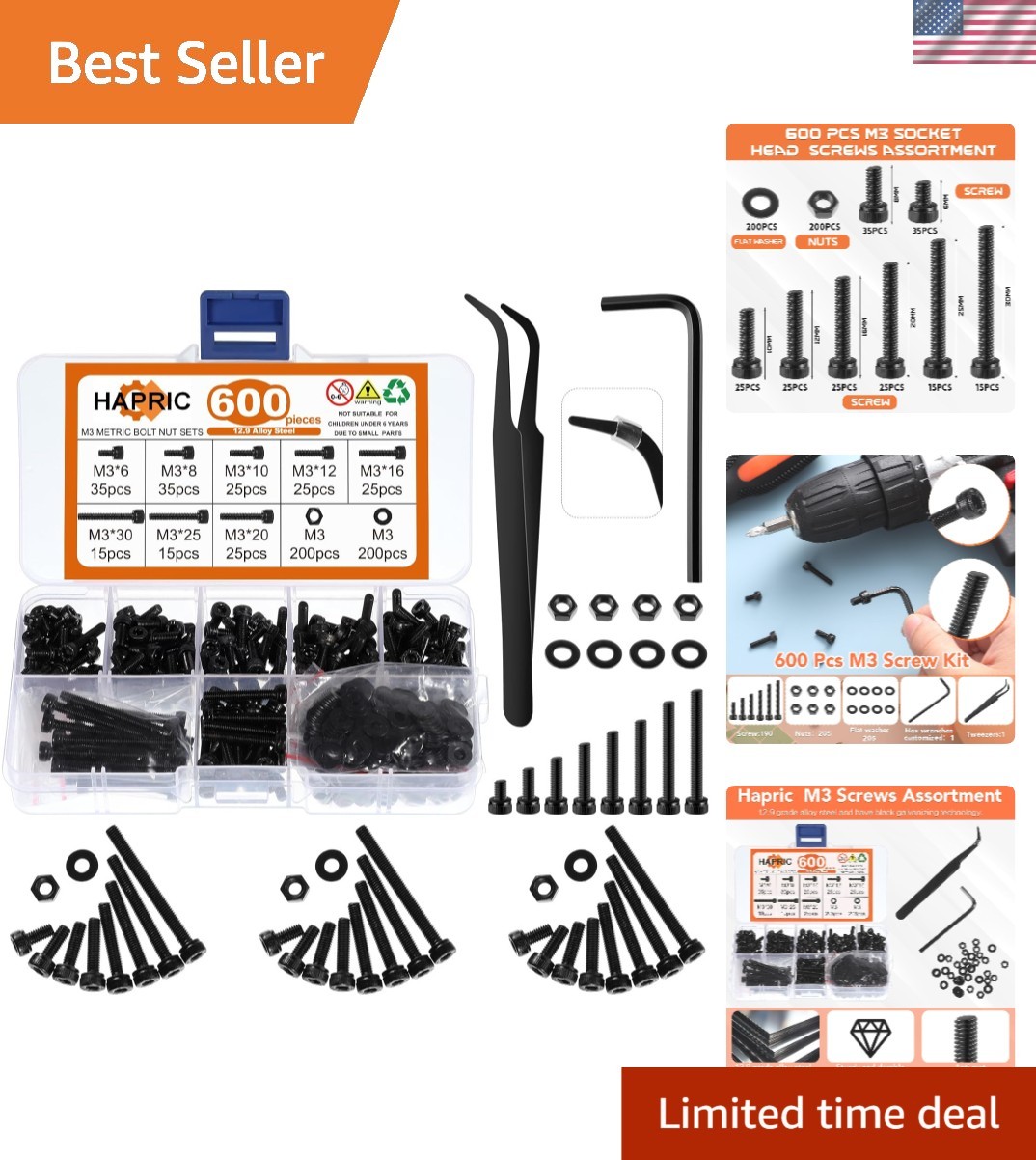 M3 Screws Assortment – 600 Pcs Black Zinc Plated Hex Head Set for All Repairs
