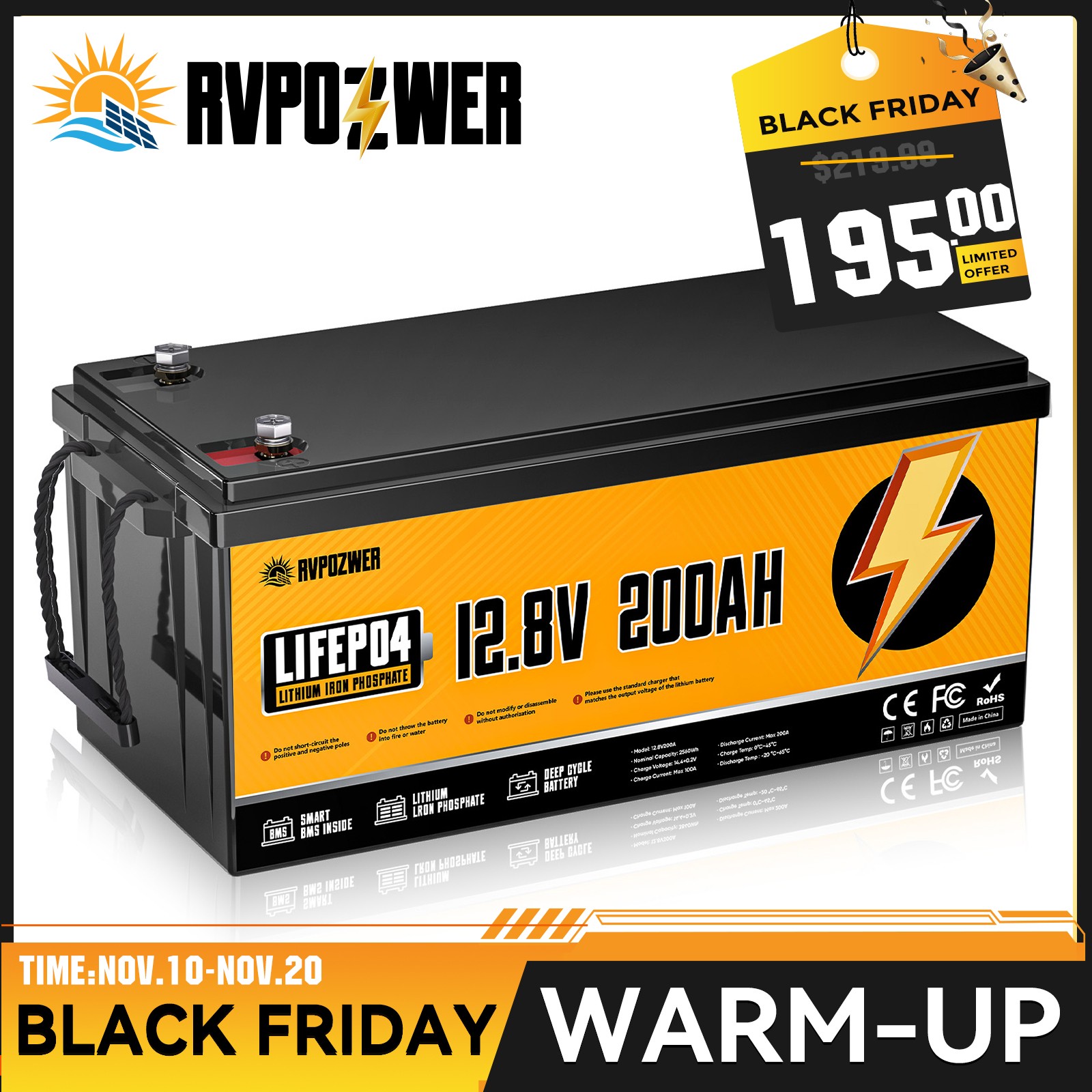 12V 200Ah Lithium LiFePO4 Battery 2560Wh Built-in BMS Deep Cycle Marine RV Solar