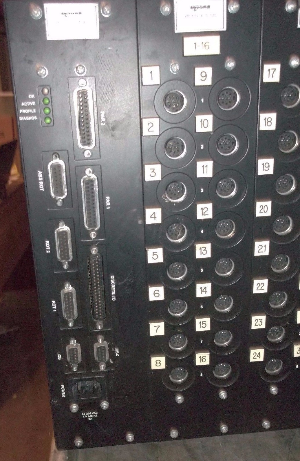 MOORE 6 SLOT RACK 36103-400 RGI POWER SUPPLY 36103-516 GIO BOARDS (MM5)