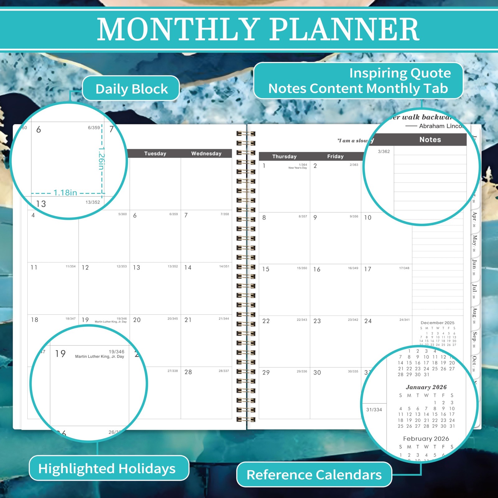 5 Year Monthly Calendar Jan.2026 – Dec.2030, 9″ x 11″ 60 Months with Tabs