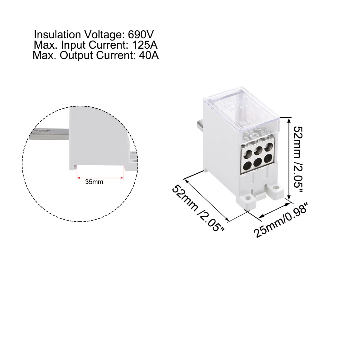 1 Inlet 6 Outlet DIN Rail Terminal Blocks 125A Max Input Distribution