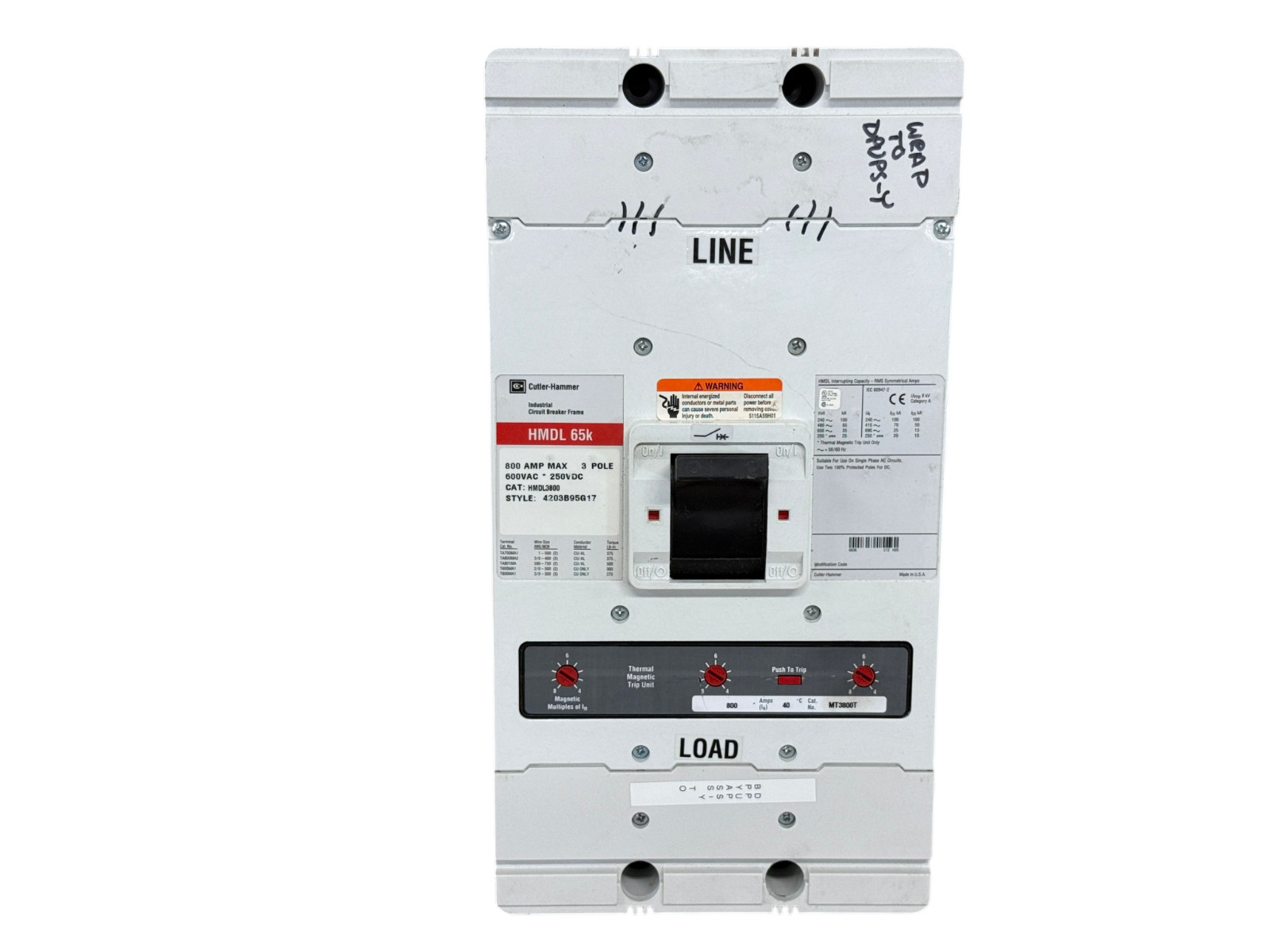 EATON CUTLER HAMMER HMDL3800F 800A 3-POLE 600V HMDL 65KA MT3800T CIRCUIT BREAKER