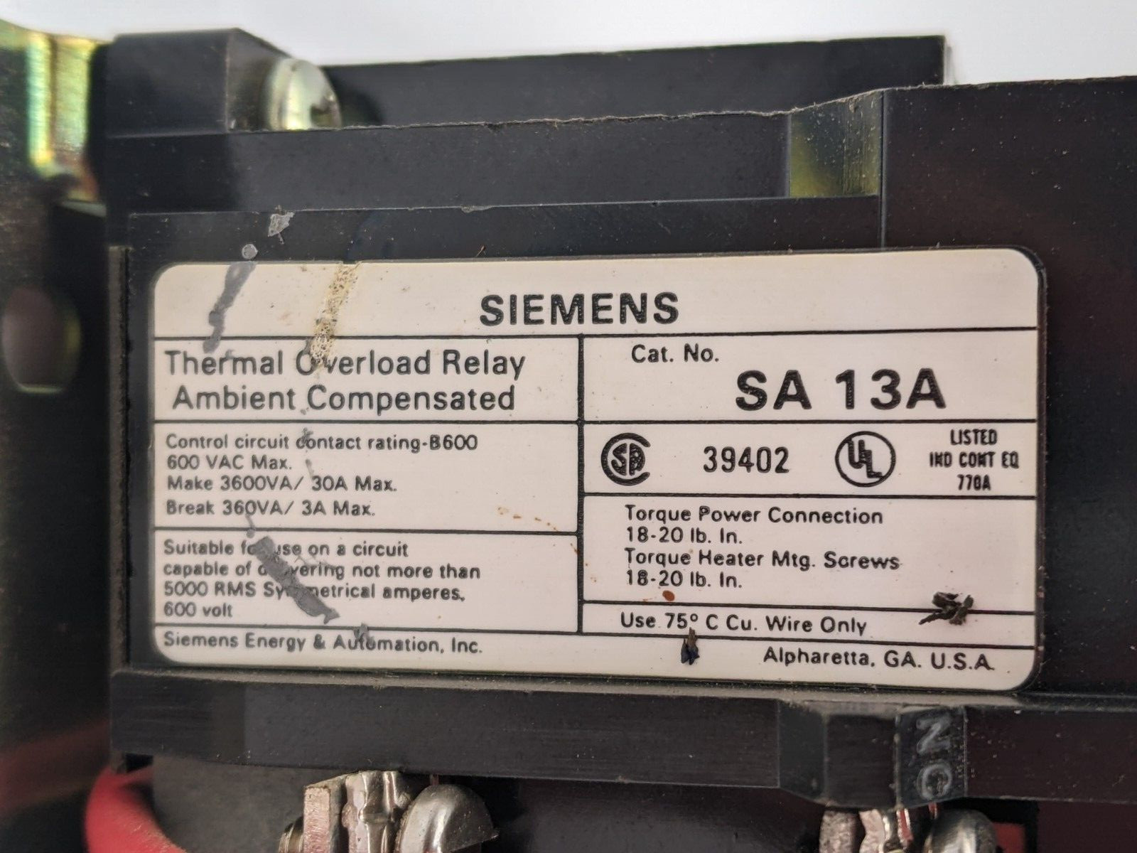 Siemens SXL CO NEMA Size-1 600 VAC 27 AMP 10 HP 3-PH 220/240 Volt Coil Starter