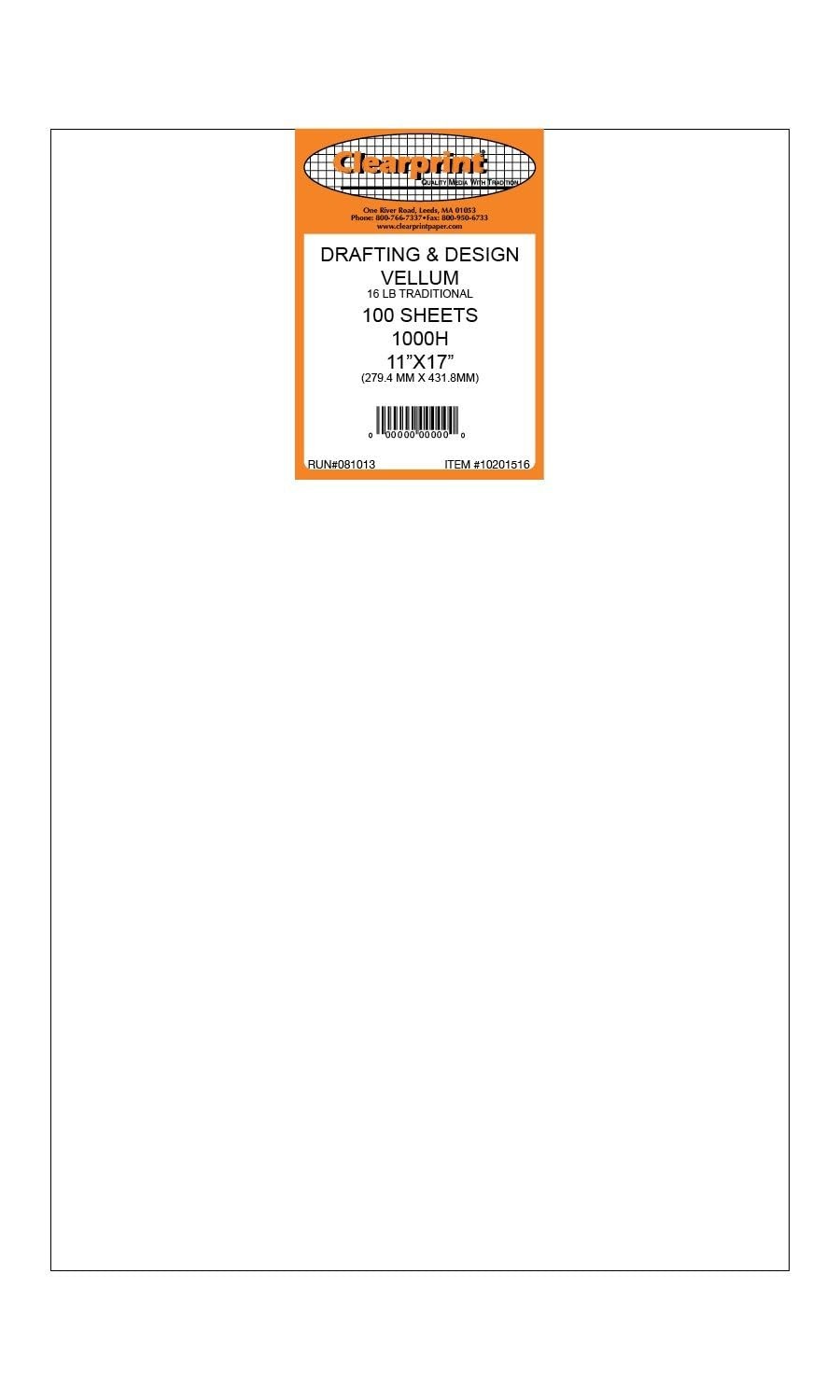 11″ x 17″ 1000H Design Vellum Sheets, 16 lb., 100% Cotton, 100 Sheets Per Pac…